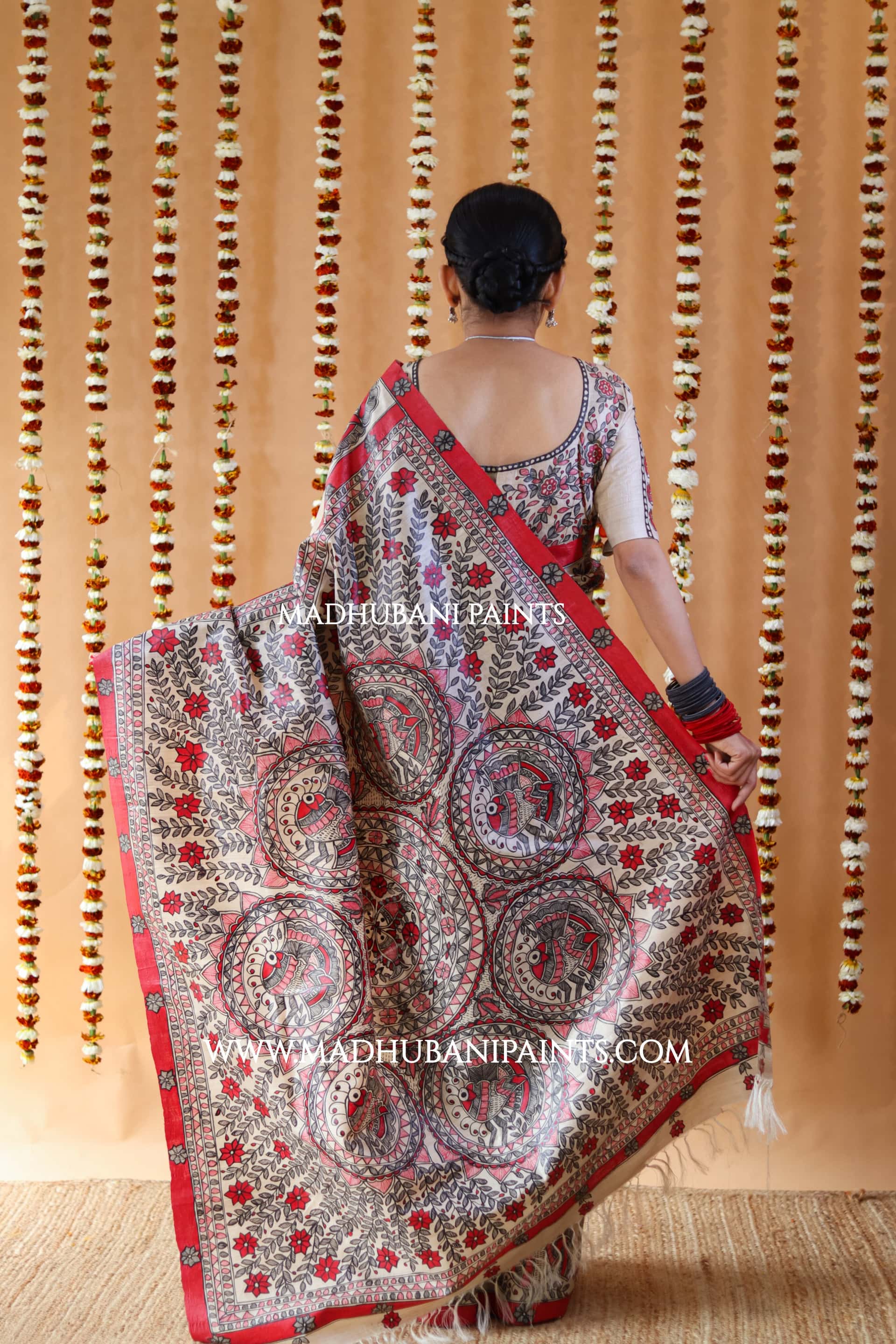 'MORNI' Handpainted Madhubani Tussar Silk Saree — image 2 of 8