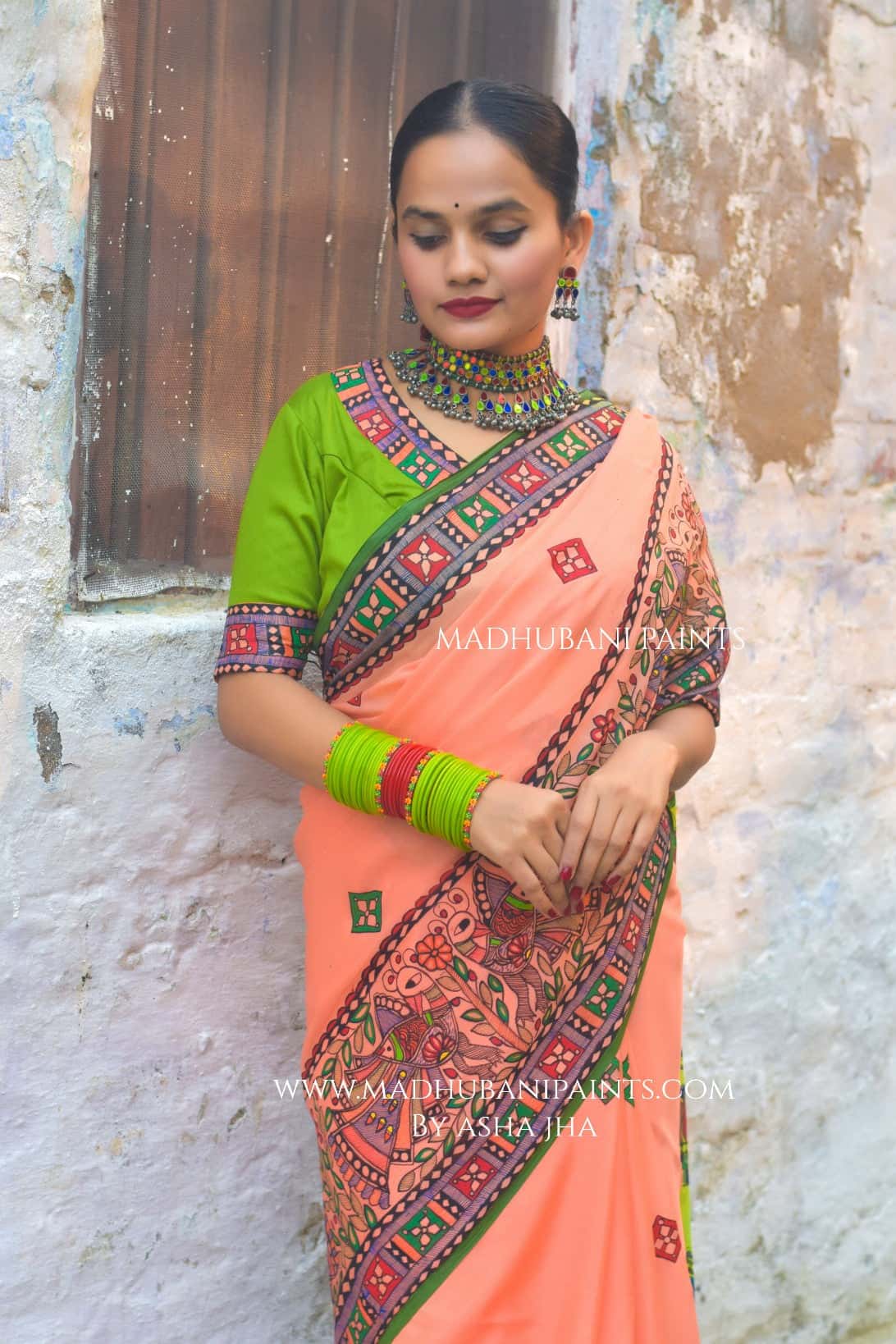 Radha Raman Prem Manjari Hand-painted Madhubani Chiffon Saree — image 5 of 6