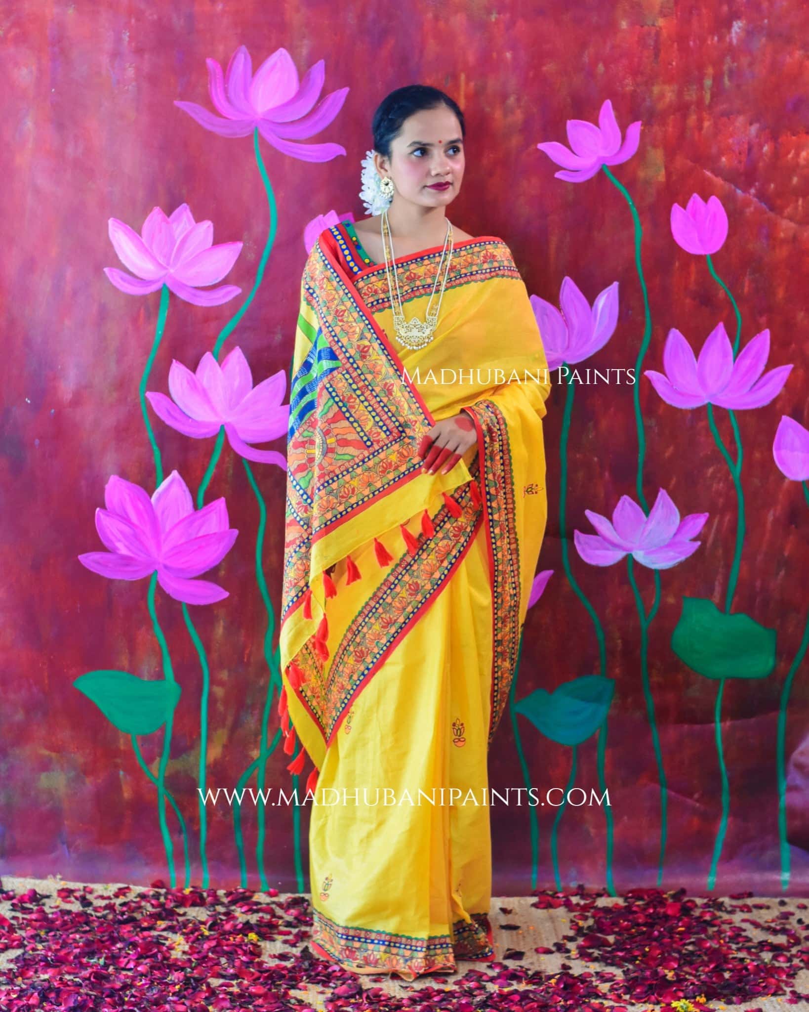 Surya Kiran Chhath Puja Hand painted Madhubani Cotton Saree — image 6 of 8