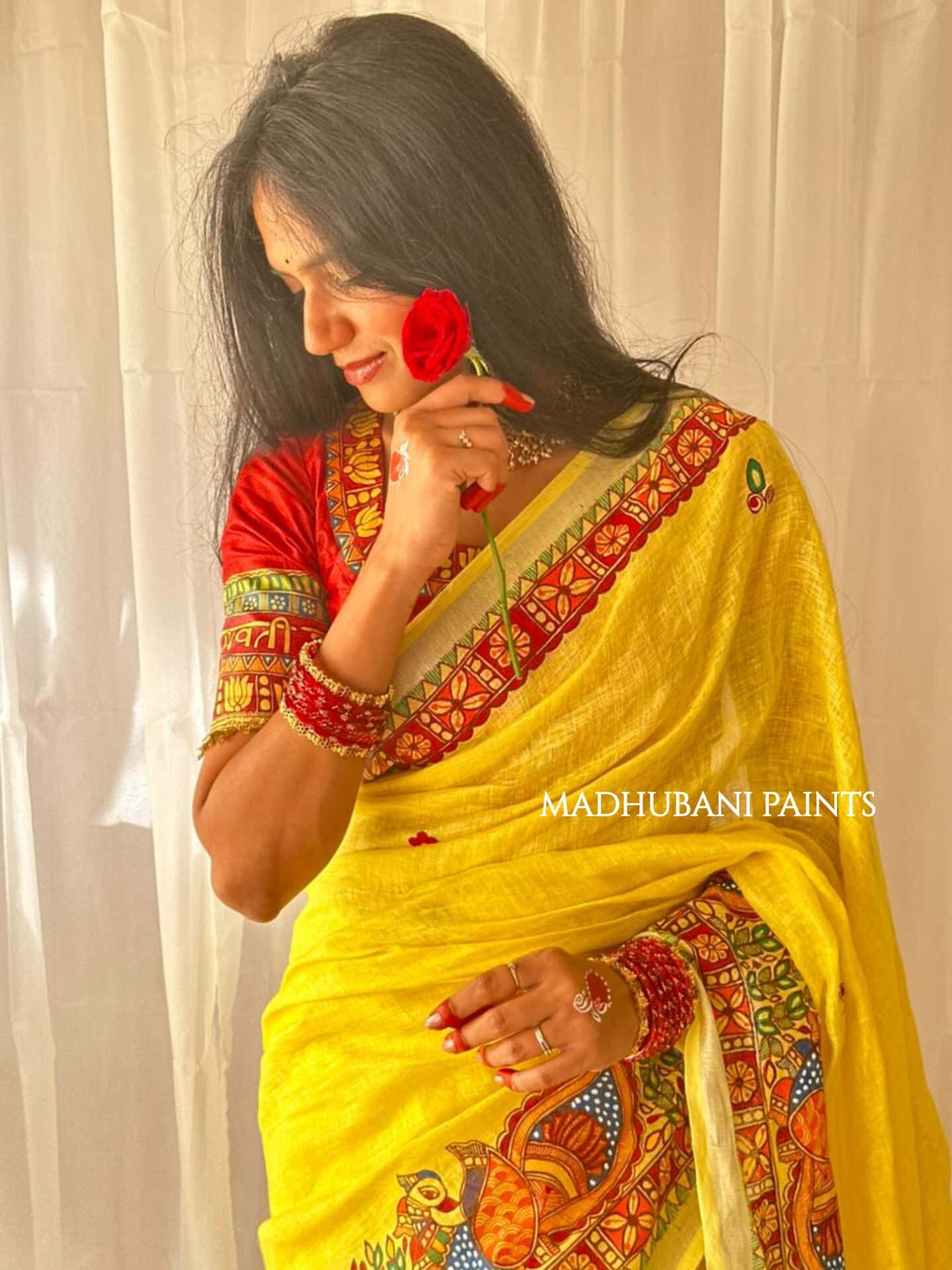 Linen Bridal Hand-painted Madhubani Painting Saree Blouse Set — image 5 of 10