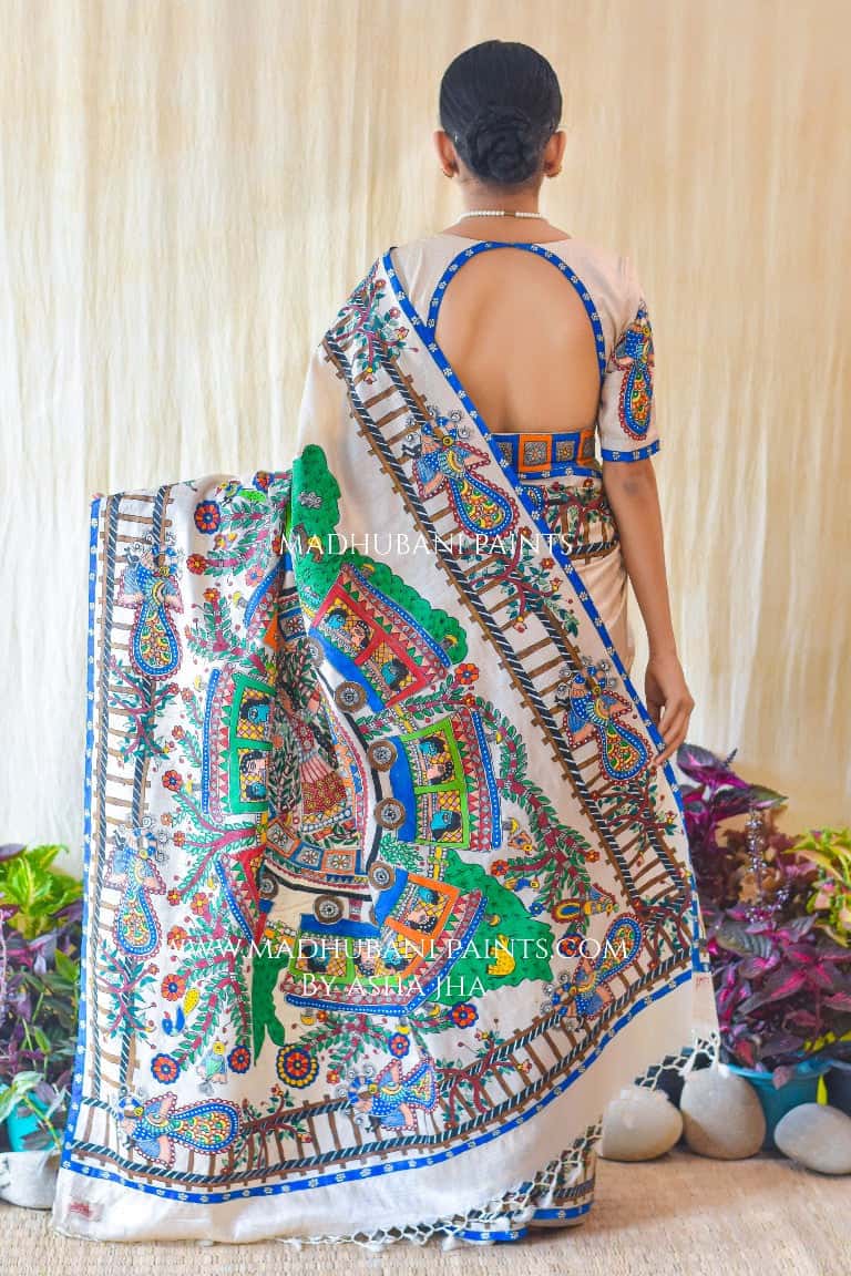 RAILGADI Handpainted Madhubani Painting Tussar Silk Saree — image 5 of 7