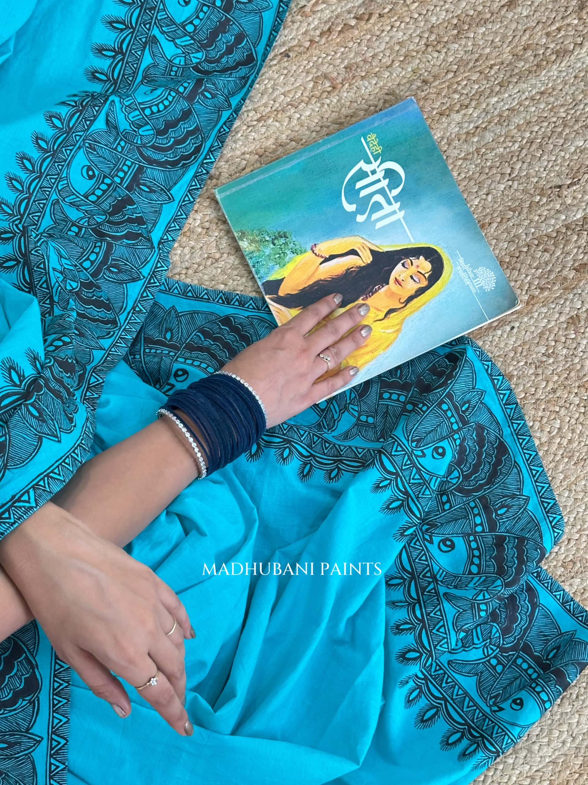 Aasmani Shringar Hand-painted Madhubani Painting Cotton Saree — image 3 of 10