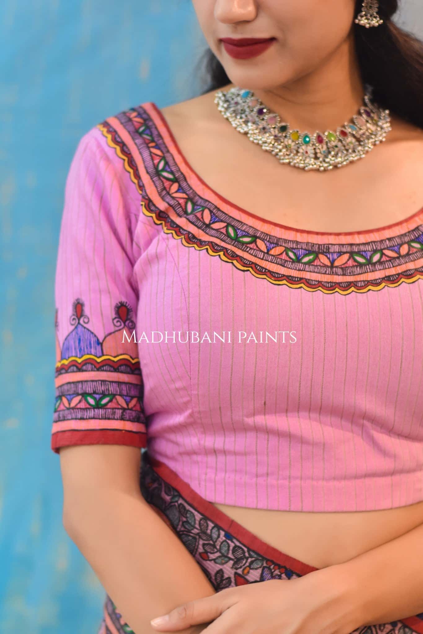 "Gulabi Ramayan" Hand-painted Madhubani Chanderi Saree Blouse Set — image 9 of 10