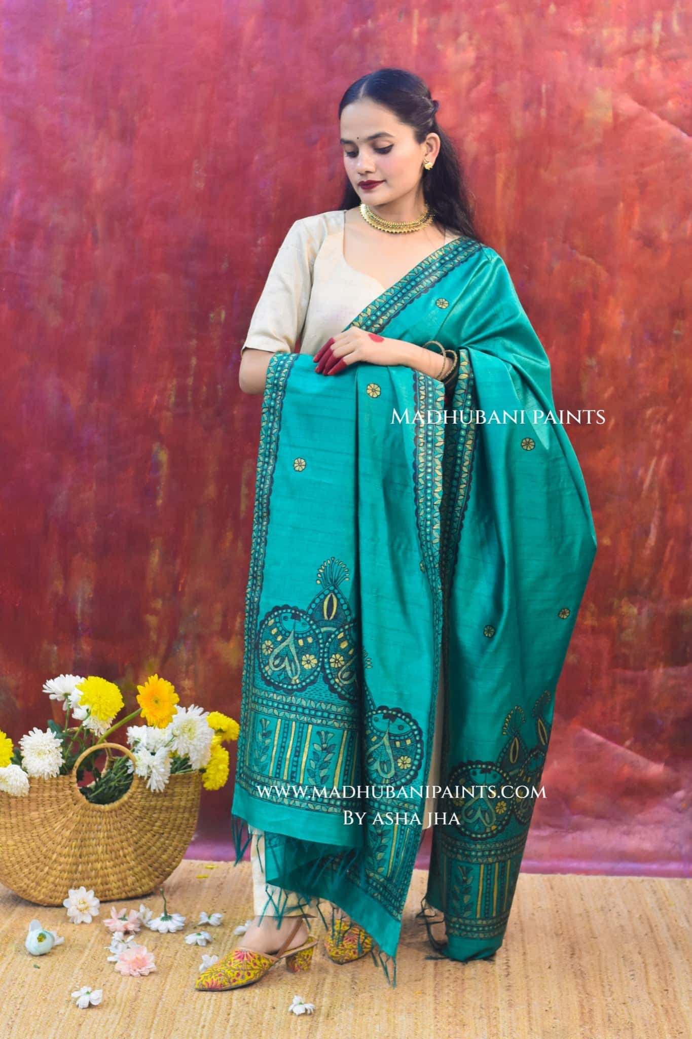 'HARIYALI RANG' Handpainted Madhubani Tussar Silk Dupatta — image 5 of 8