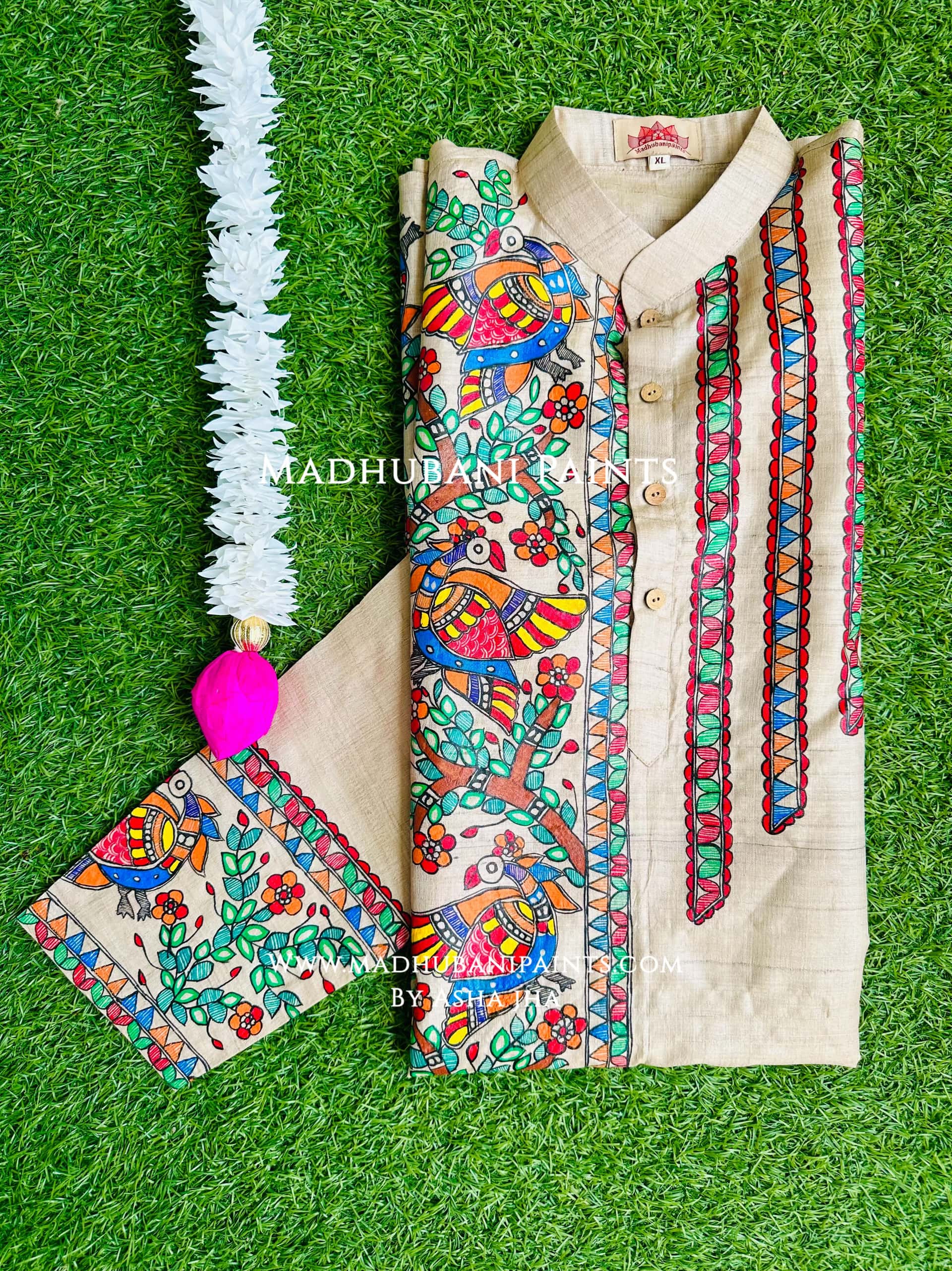 Beige Mayuri Hand-painted Handloom Men's Tussar Silk Kurta — image 2 of 4