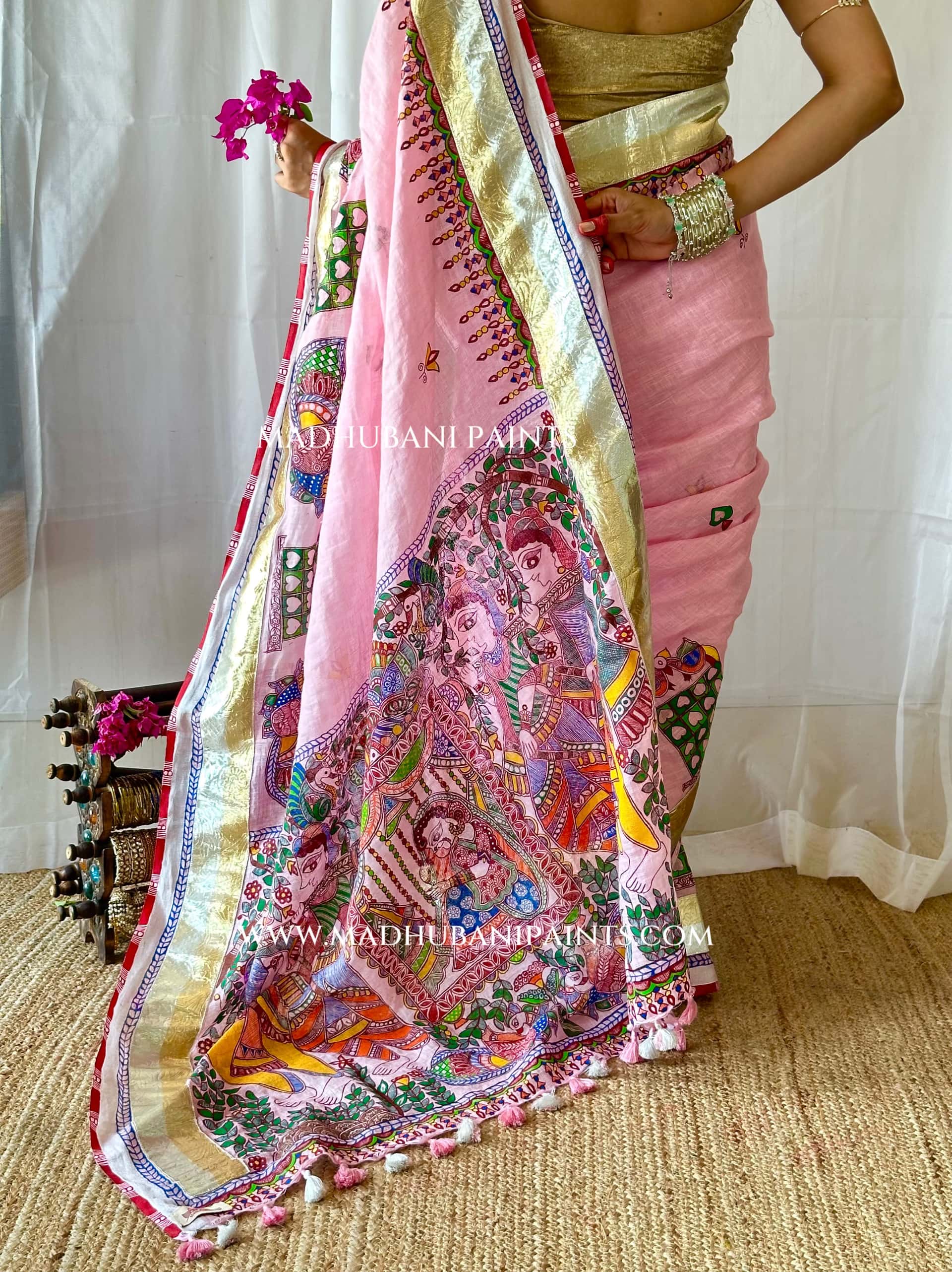 Gulabi Bridal Hand-painted Madhubani Painting Saree Blouse Set — image 7 of 10