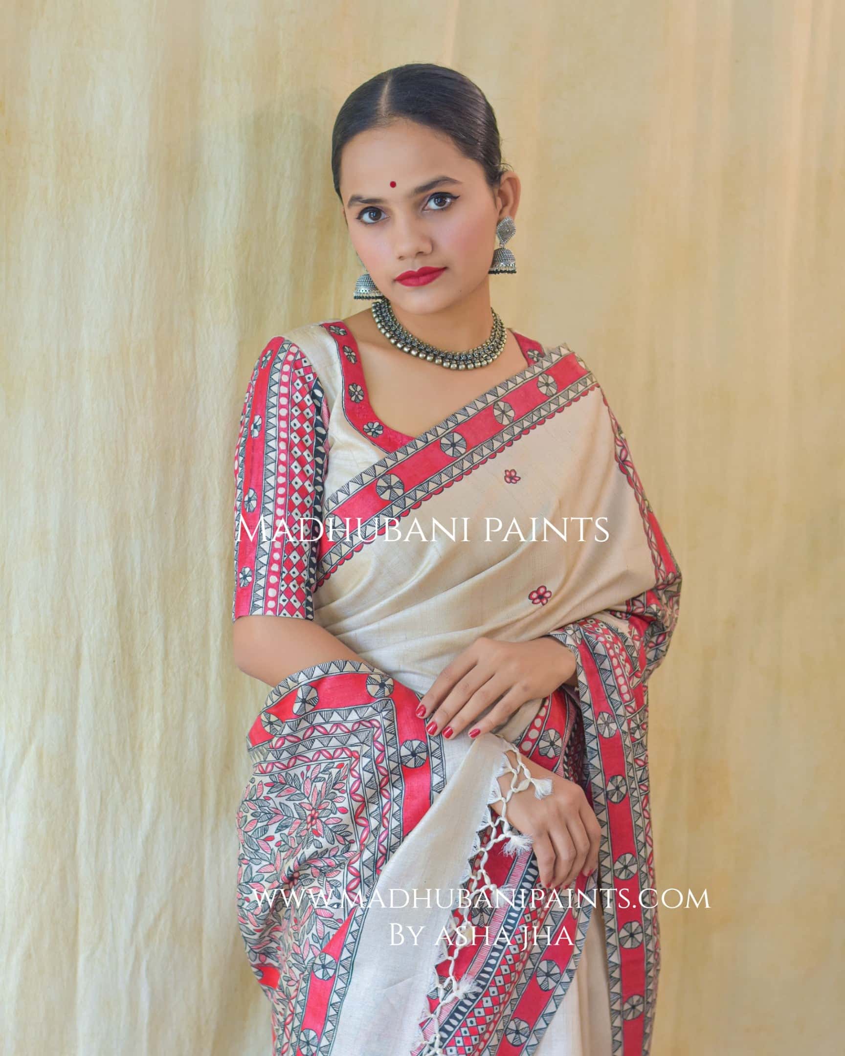 'LAAL MATSYA LEELA'  Handpainted Madhubani Tussar Silk Blouse — image 7 of 11