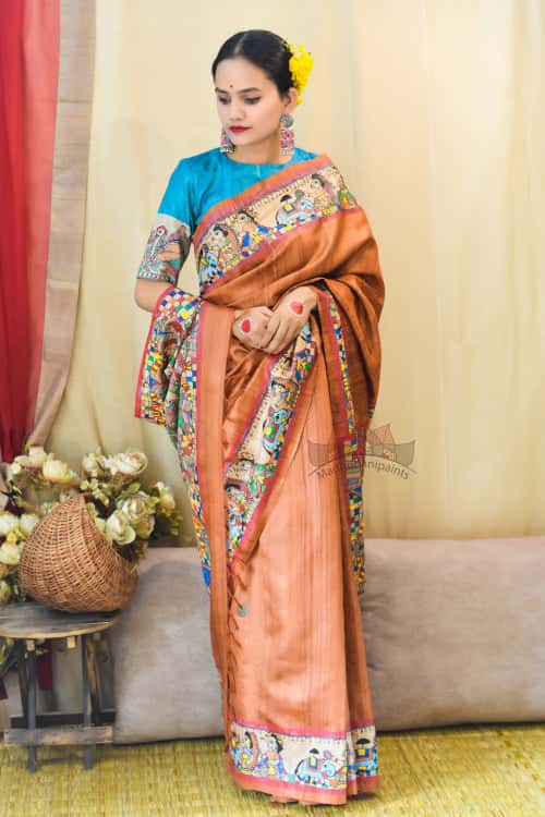 'KOHBAR' Handpainted Madhubani Rust Orange Tussar Silk Saree — image 2 of 5