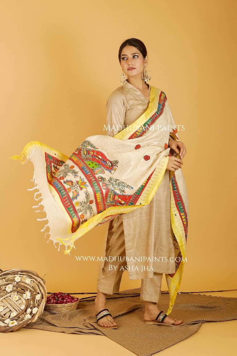 Gopi Madhubani Handpainted Pure Handloom Cotton Dupatta — image 2 of 4