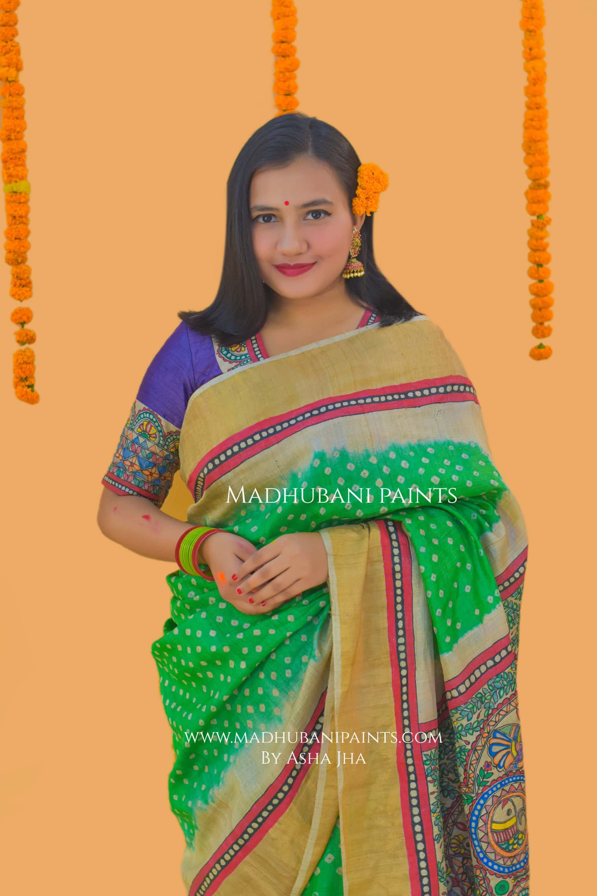 SURMAI MAYUR MANDALA Hand-painted Bandhini Madhubani Saree — image 4 of 7