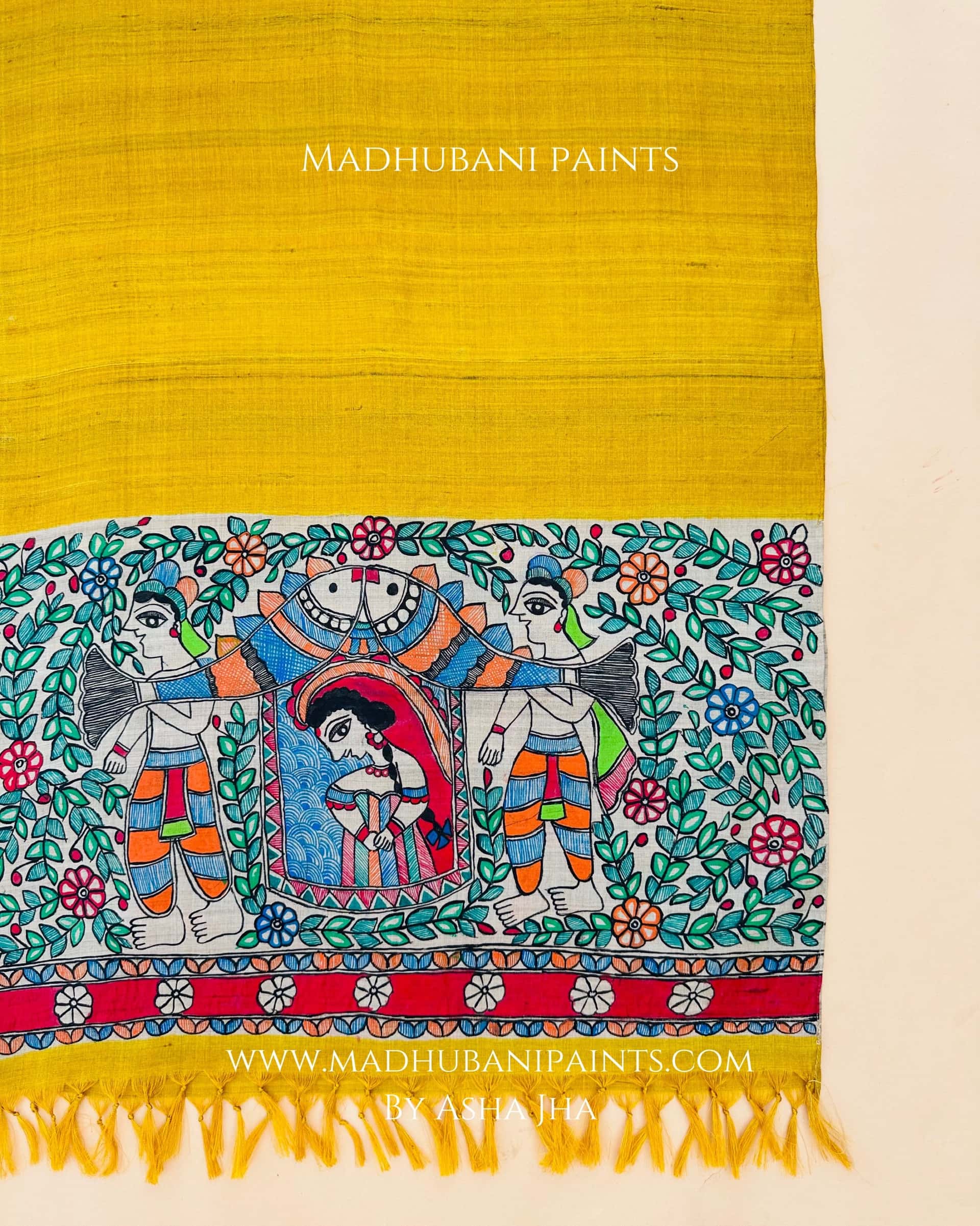 Doli Yellow Madhubani Hand-painted Tussar Silk Stole — image 3 of 3