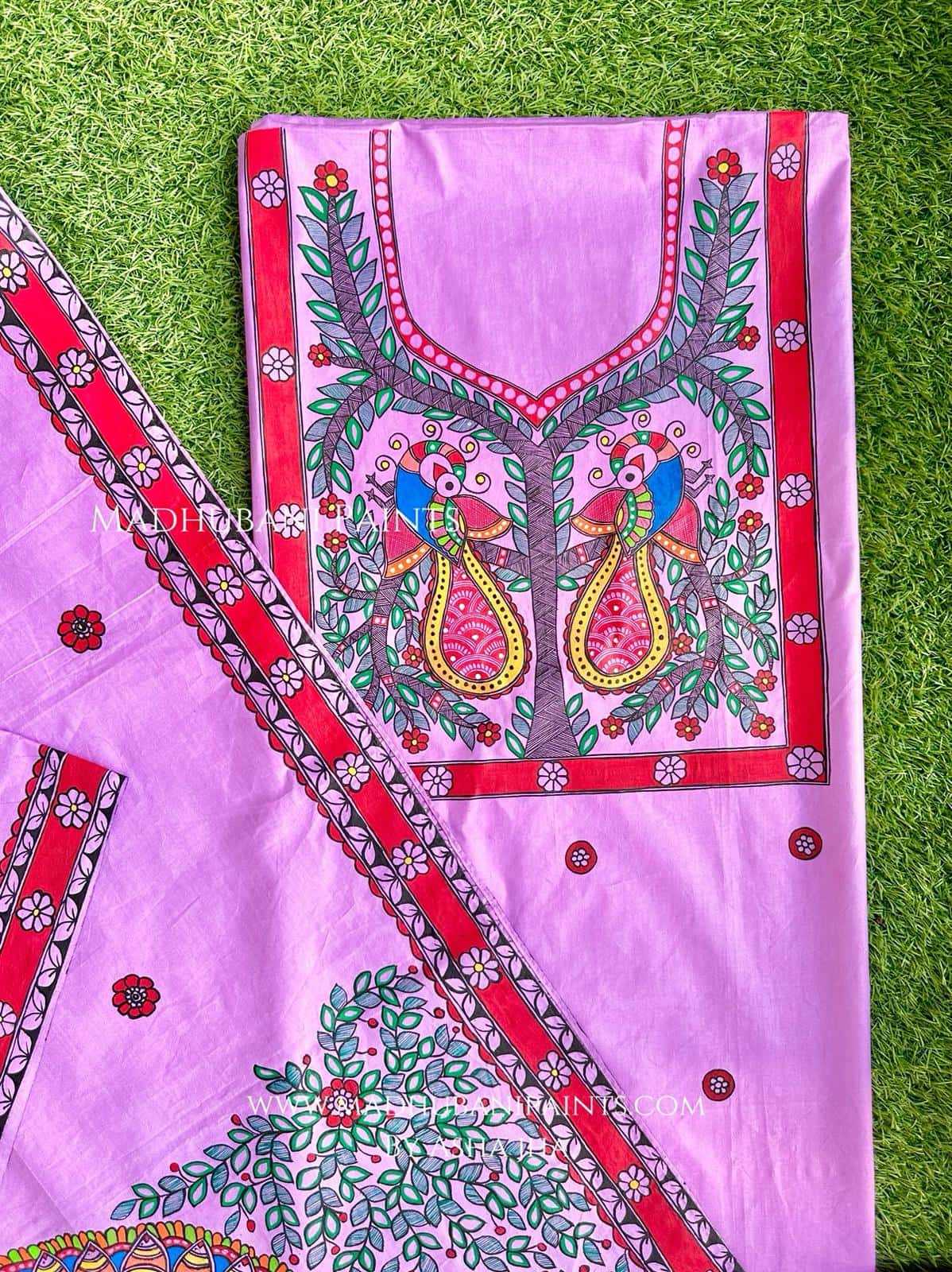 Lilac Judwa Mayuri Hand-painted Madhubani Painting Cotton Unstitched Kurta Pant Dupatta Set — image 3 of 3