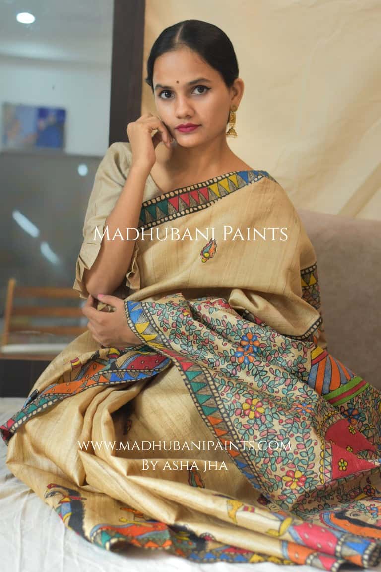 'DURGA DEVI' Handpainted Madhubani Tussar Silk Saree — image 2 of 5