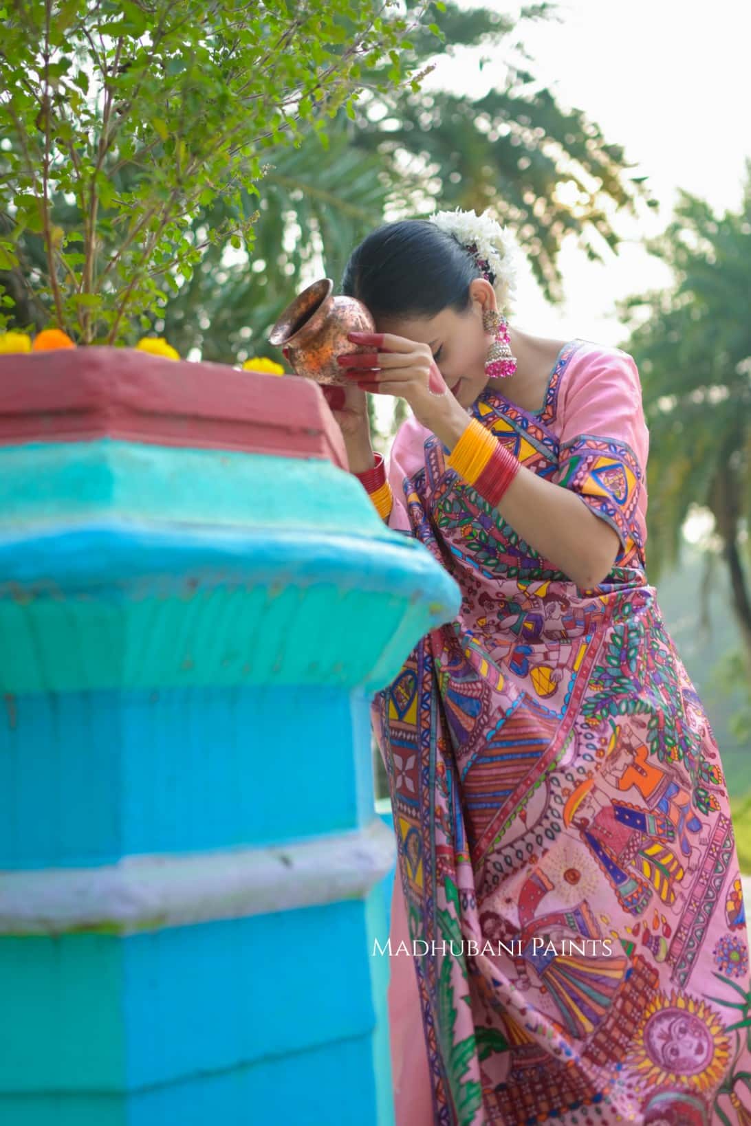 VRATI VANDANA Chhath Puja Handpainted Madhubani Tussar Silk Saree — image 6 of 10