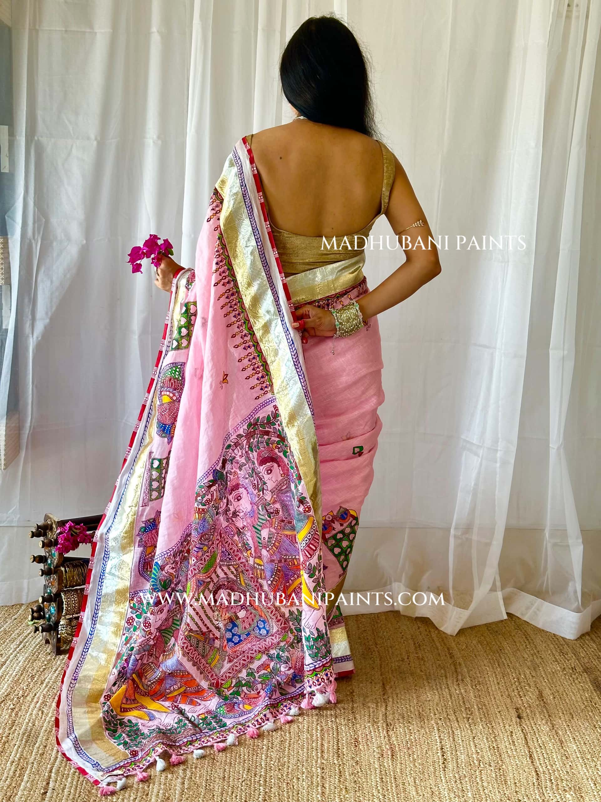 Gulabi Bridal Hand-painted Madhubani Painting Saree — image 10 of 11