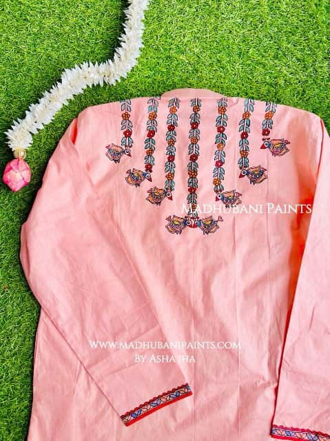 Pink Hathi Mor Machli  Hand-painted  Madhubani Men's Cotton Kurta — image 4 of 5