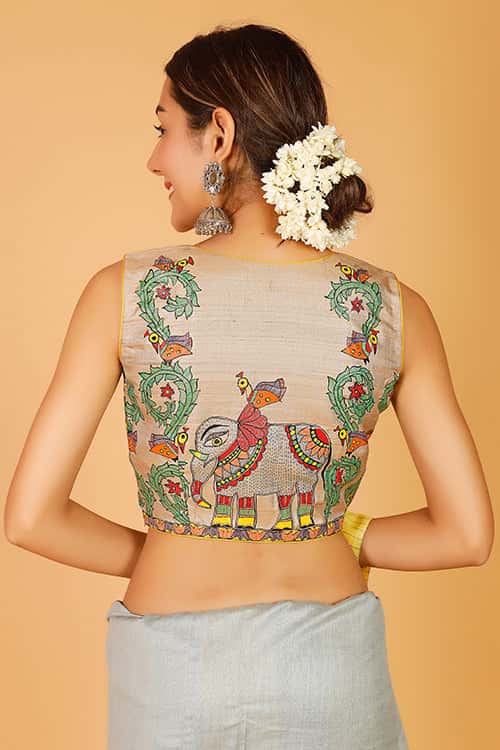 'Ele Mayuri Vrindavan' Handpainted Madhubani Blouse — image 4 of 7