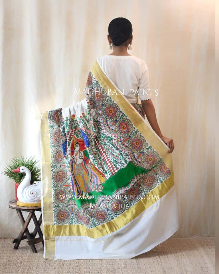 'VRINDAVAN KRISHNA' Handpainted Madhubani Cotton Saree — image 6 of 7