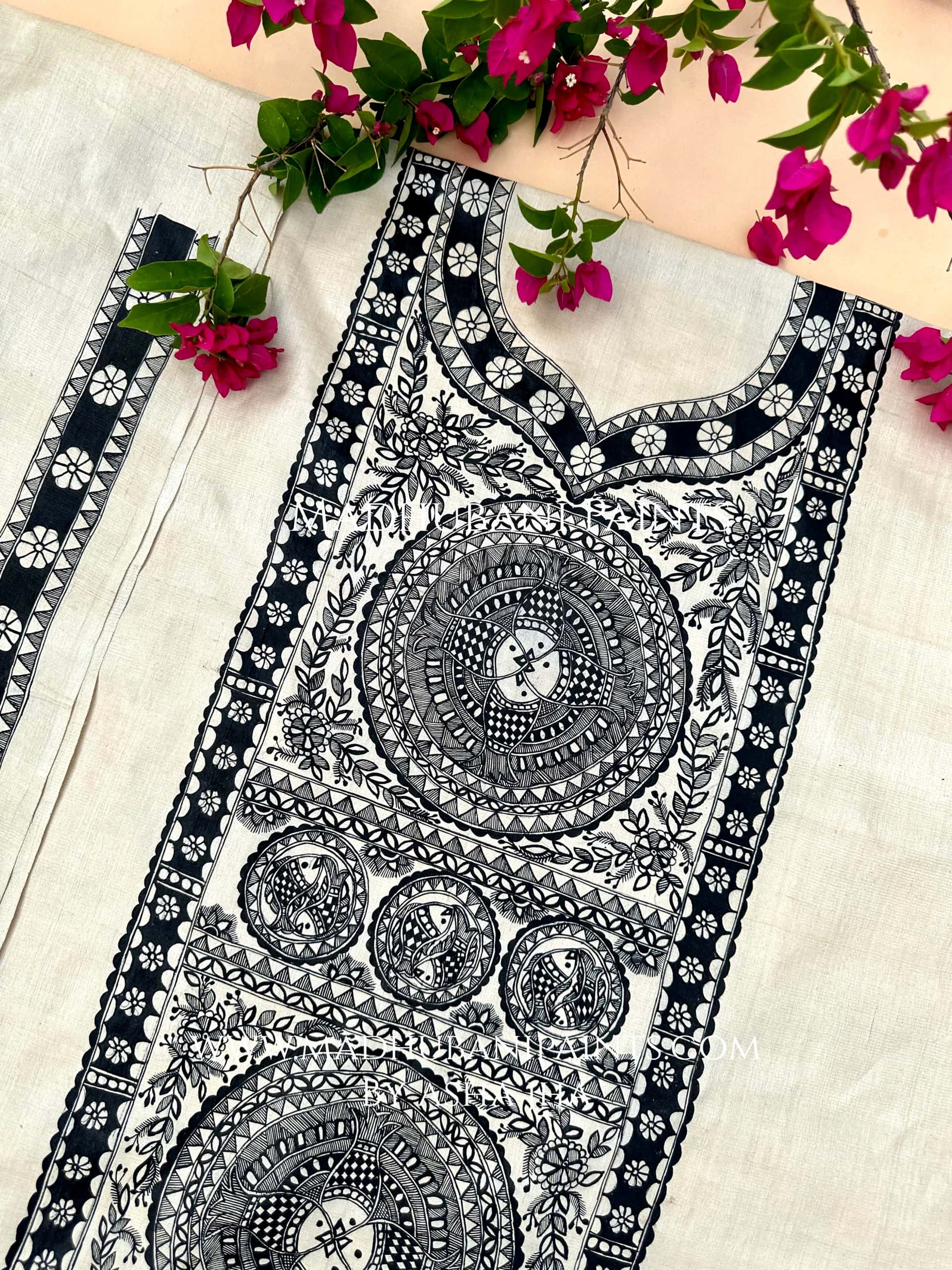 Black Phool Bharni Handpainted Unstitched Tussar Silk Kurta Pant Dupatta Set — image 3 of 3