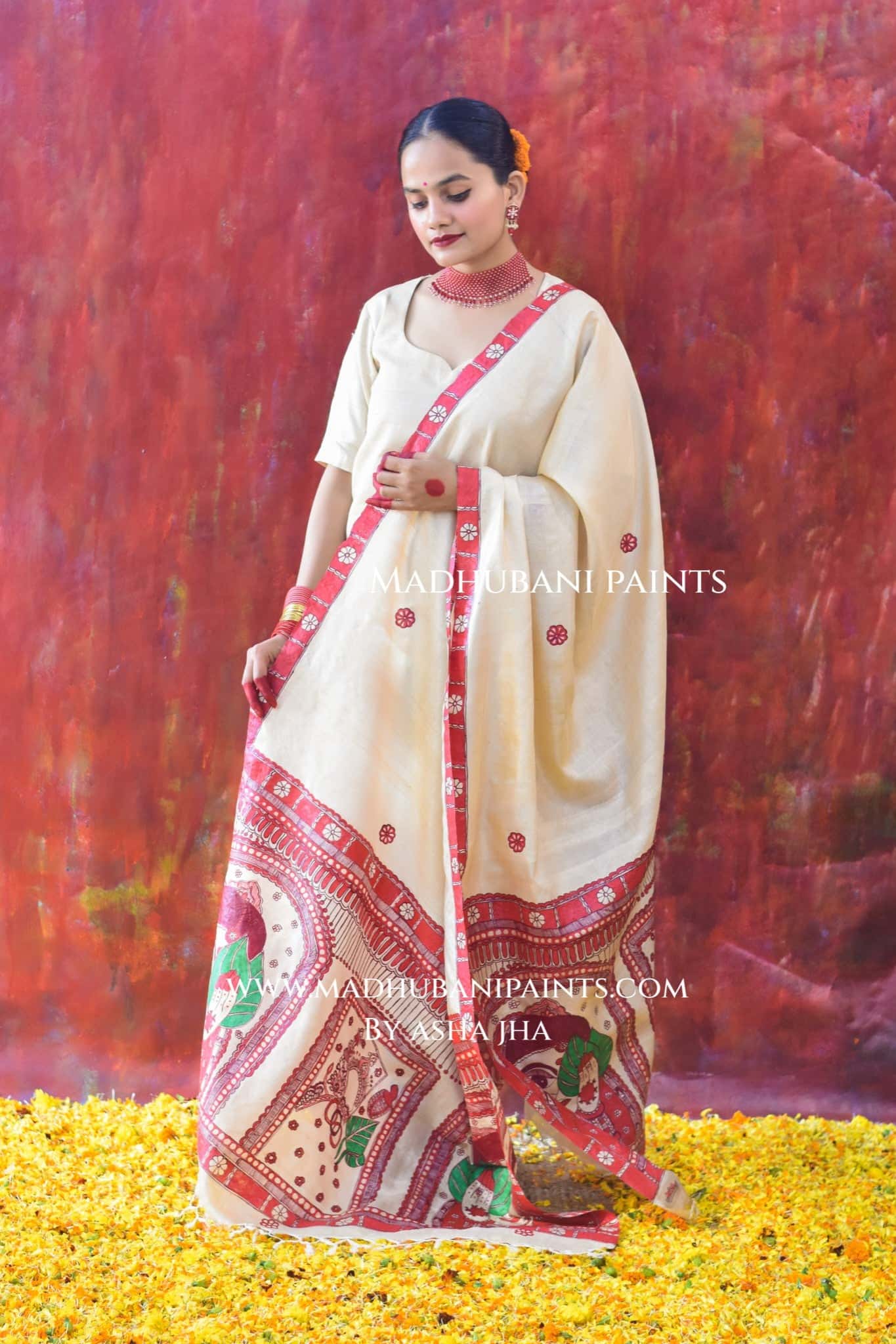 'BENGALI DULHAN' Handpainted Madhubani Tussar Silk Dupatta — image 3 of 5