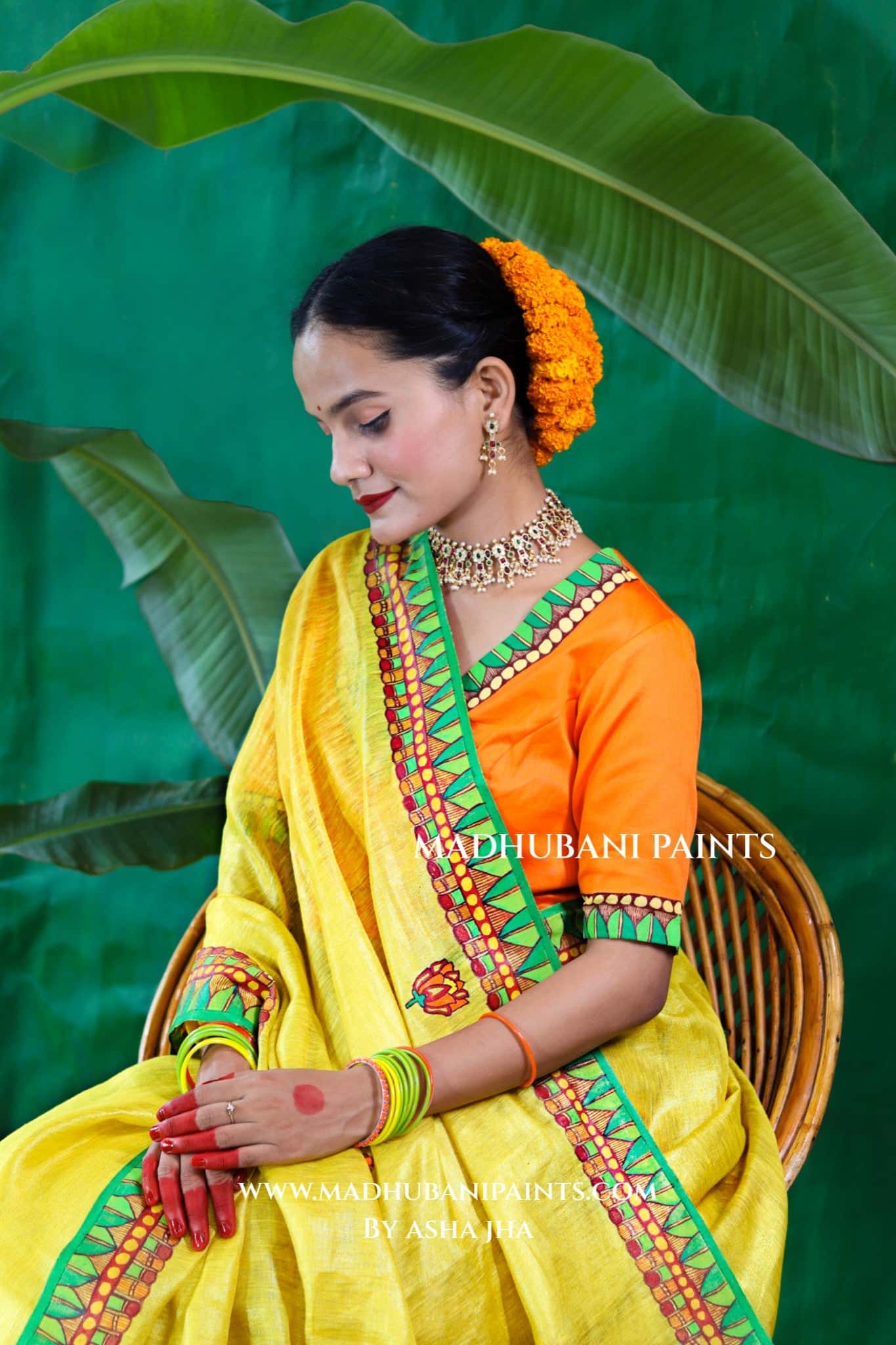 VRATI Chhath Puja Handpainted Madhubani Tissue Linen Saree Blouse Set — image 4 of 15