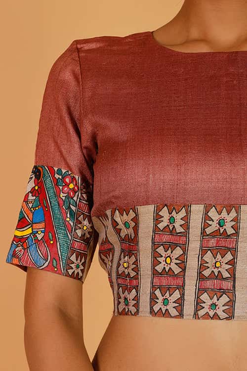 'Mithila Bride' Handpainted Madhubani Tussar Silk Blouse — image 7 of 10