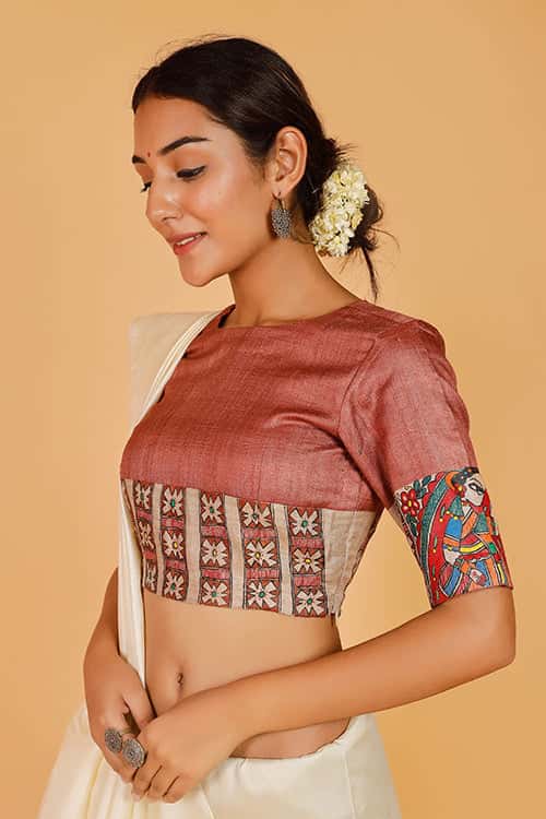 'Mithila Bride' Handpainted Madhubani Tussar Silk Blouse — image 3 of 10