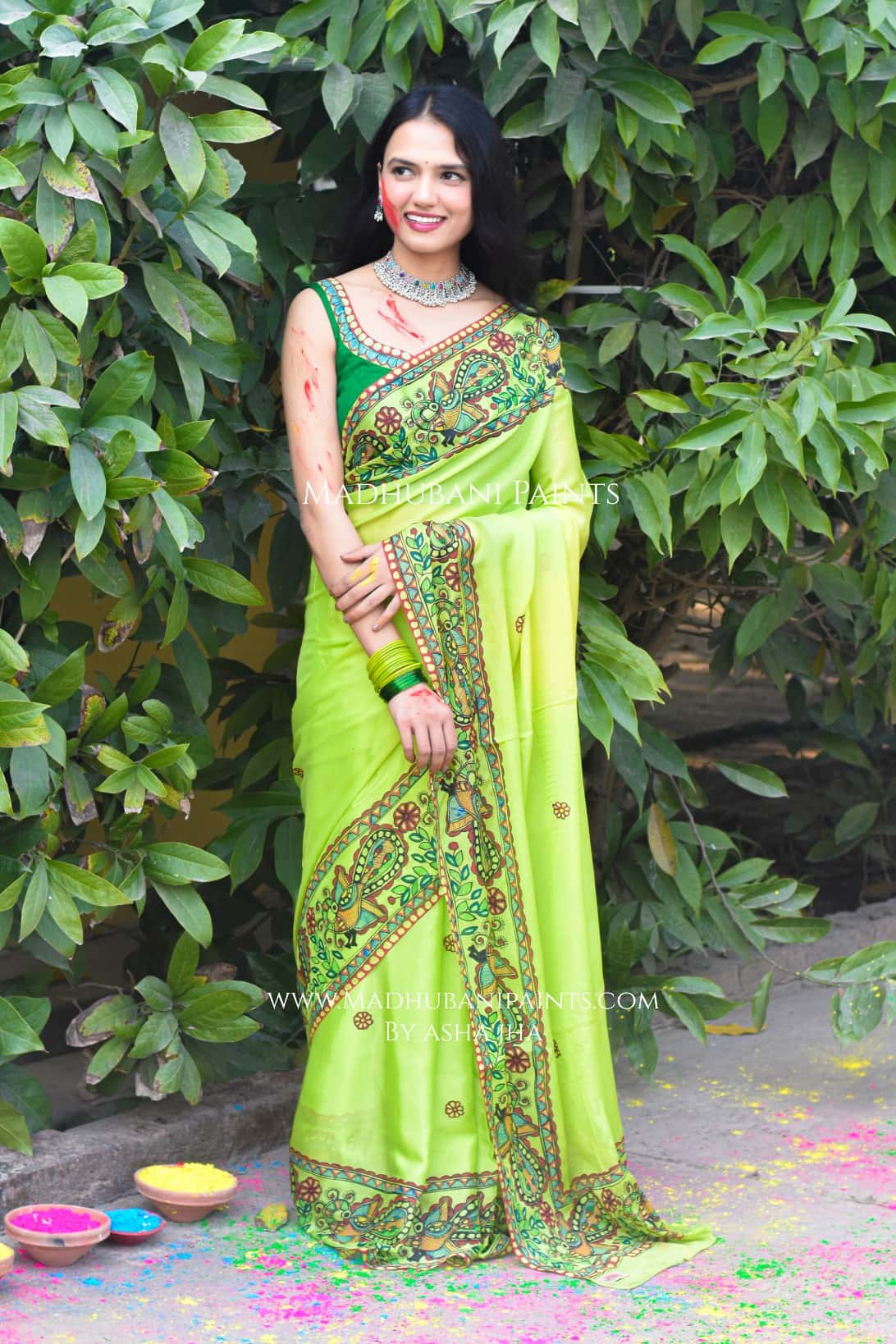 MADHUMAS Hand-painted Madhubani Chiffon Saree Blouse Set — image 6 of 13