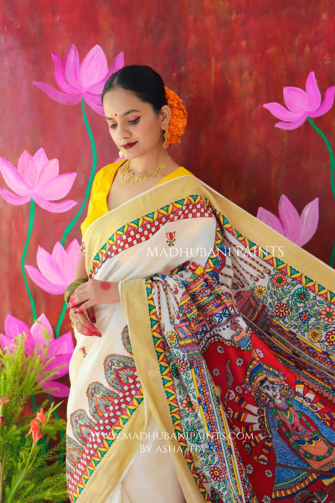 'ROOPVARDHINI' Handpainted Madhubani Cotton Saree Blouse Set — image 14 of 16