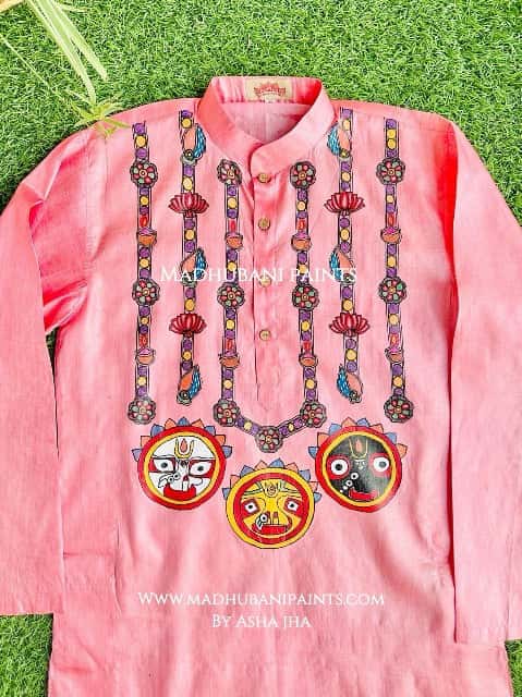 Pink Lord Jagannatha Hand-painted  Madhubani Men's Tussar Silk Kurta — image 2 of 4