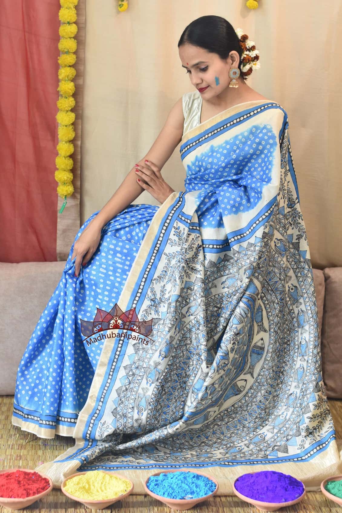 Madhubani Bandhani NEELI Mayur- Surmai Mandara Handpainted Saree — image 6 of 6
