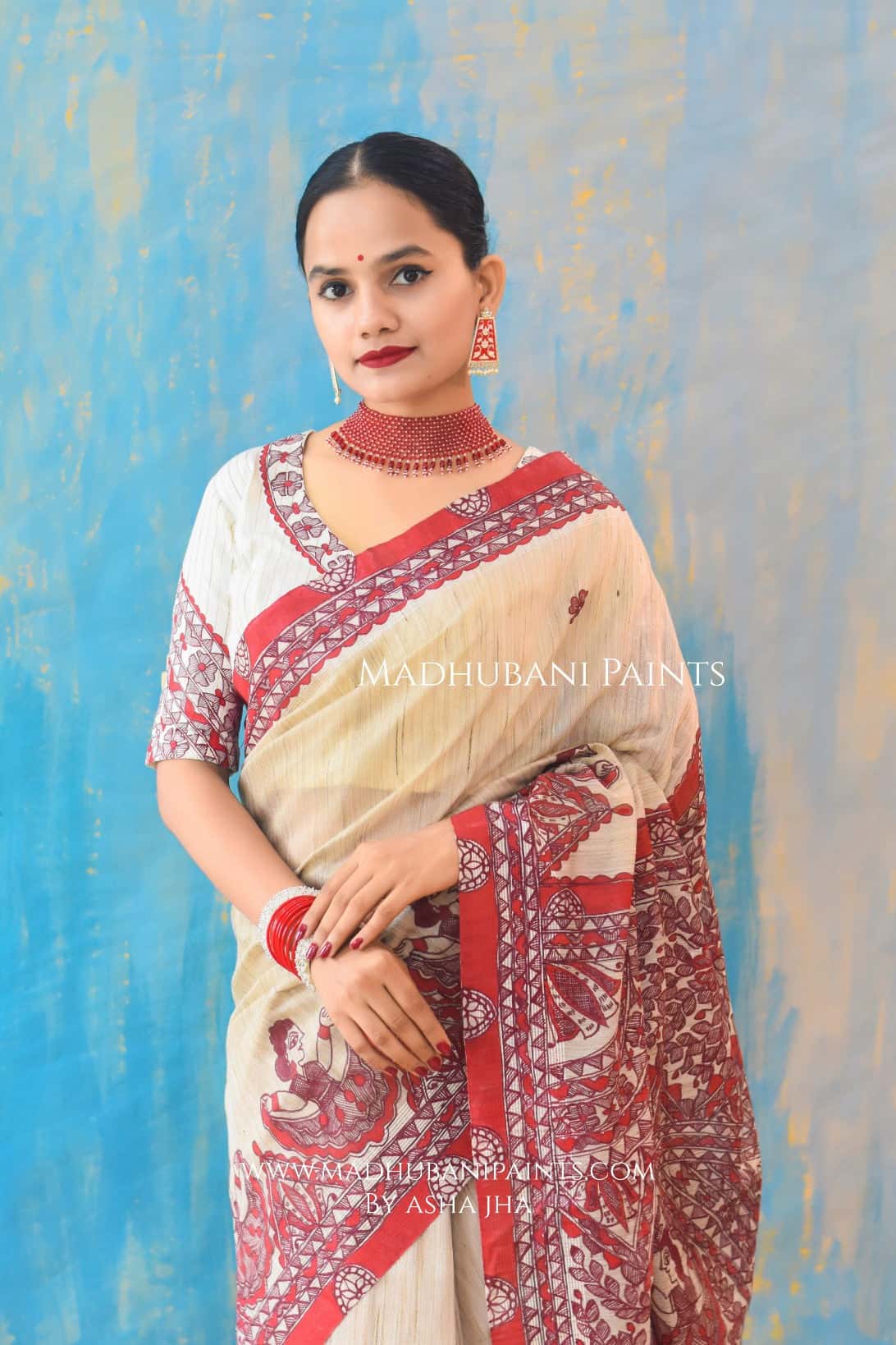LAAL GUDIYA Hand-painted Madhubani Chanderi Saree Blouse Set — image 3 of 11