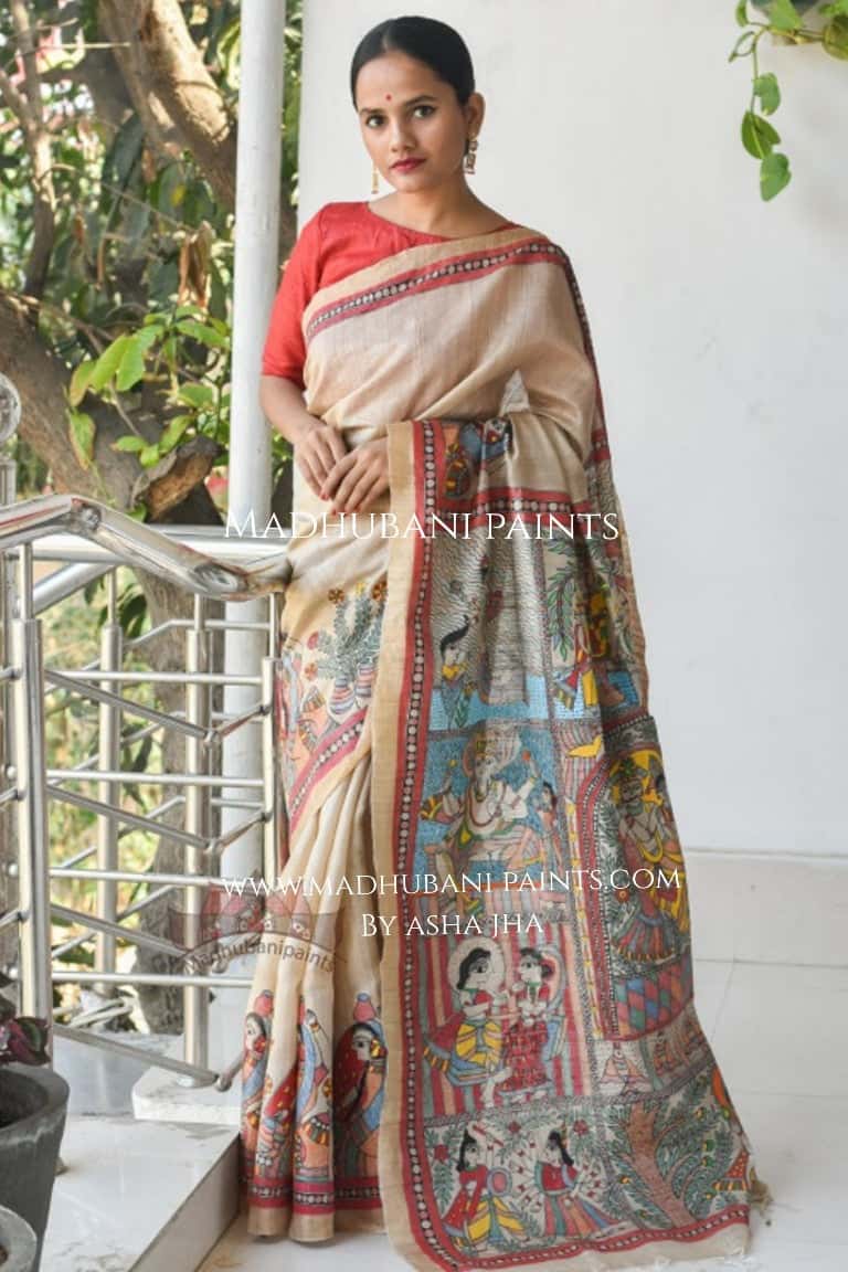 Vishnu Avatar Handpainted Tussar Saree — image 3 of 3