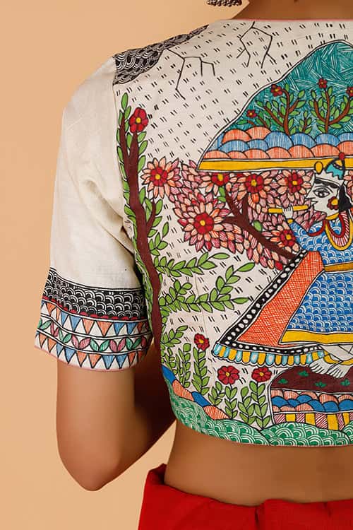 'Govardhan Leela' Handpainted Madhubani  Moonga Silk Blouse — image 6 of 7