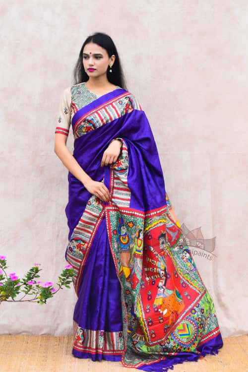 'DEVI' Handpainted Madhubani Tussar Silk Saree Blouse Set — image 2 of 6