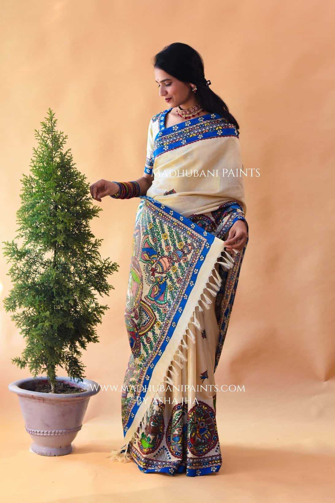 NISARG RANG Hand-painted Madhubani Tussar Silk Saree Blouse Set — image 4 of 7