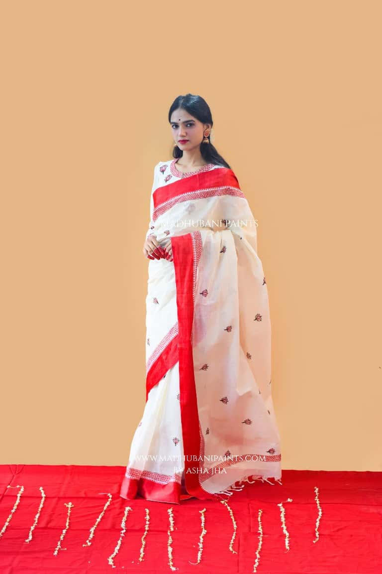 'SINDOORI' Handpainted Madhubani Cotton Saree — image 3 of 8