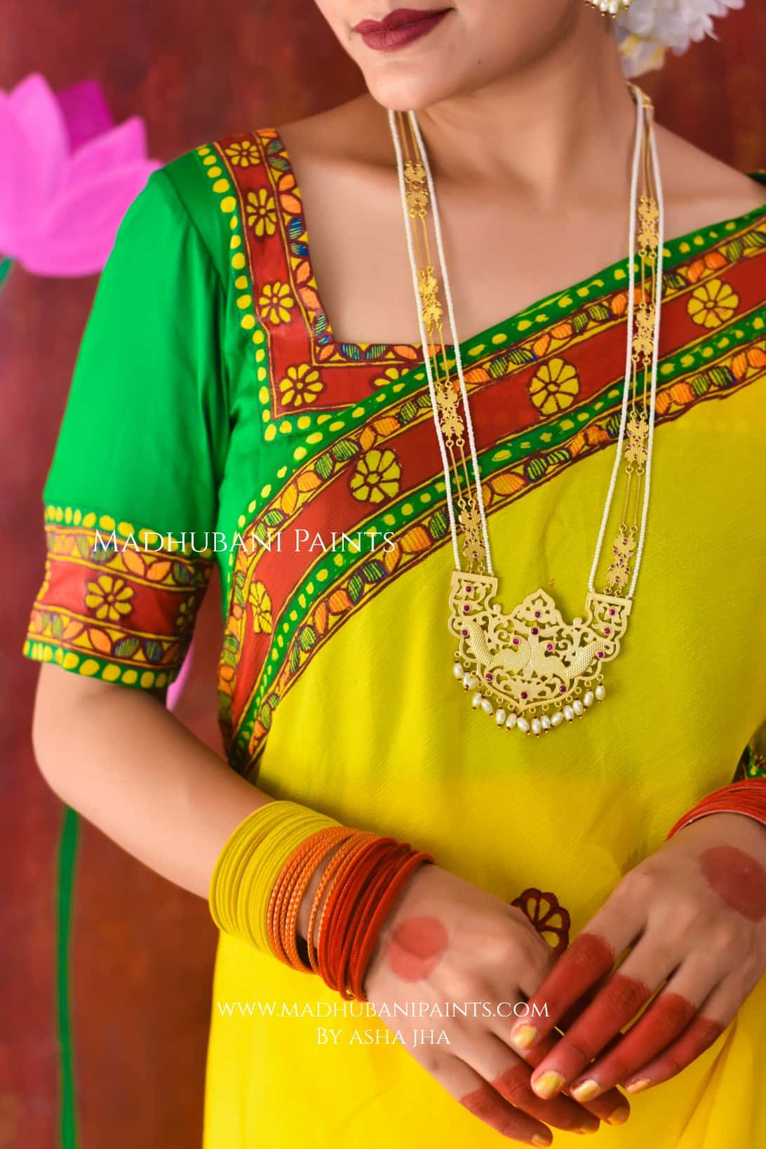 SURYA VANDANA Chhath Puja Handpainted Madhubani Chiffon Saree — image 2 of 9