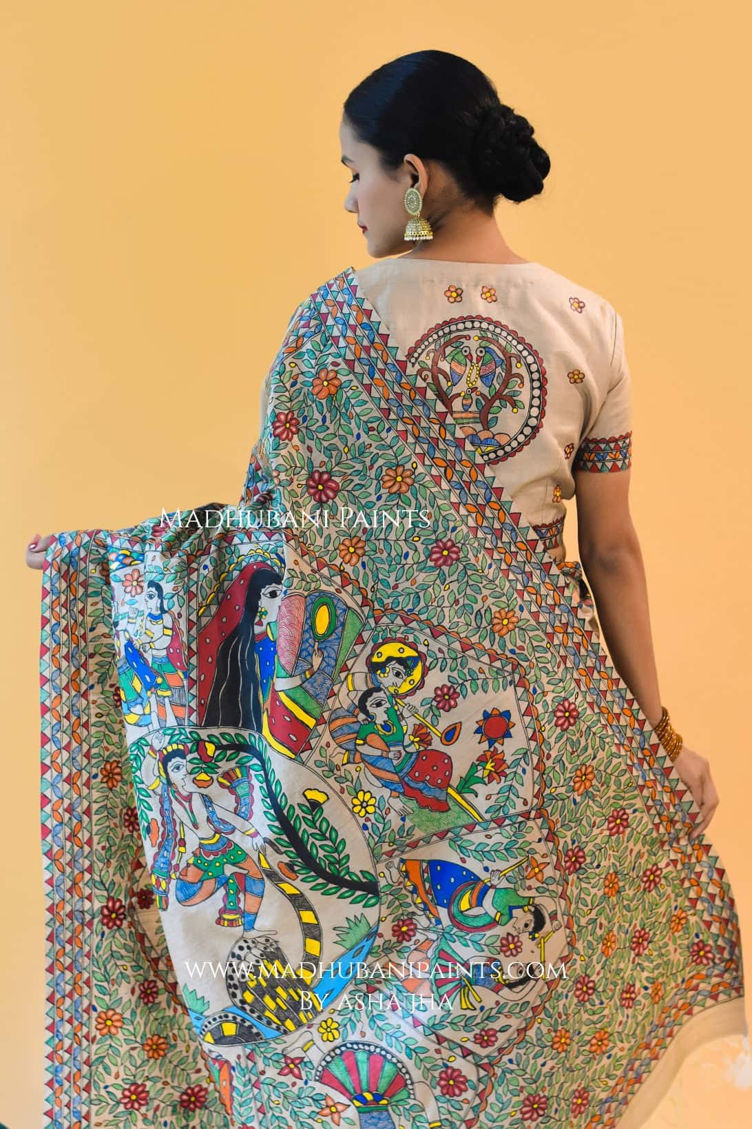 'PYAARE KANHA' Handpainted Madhubani Tussar Silk Saree Blouse set — image 3 of 8