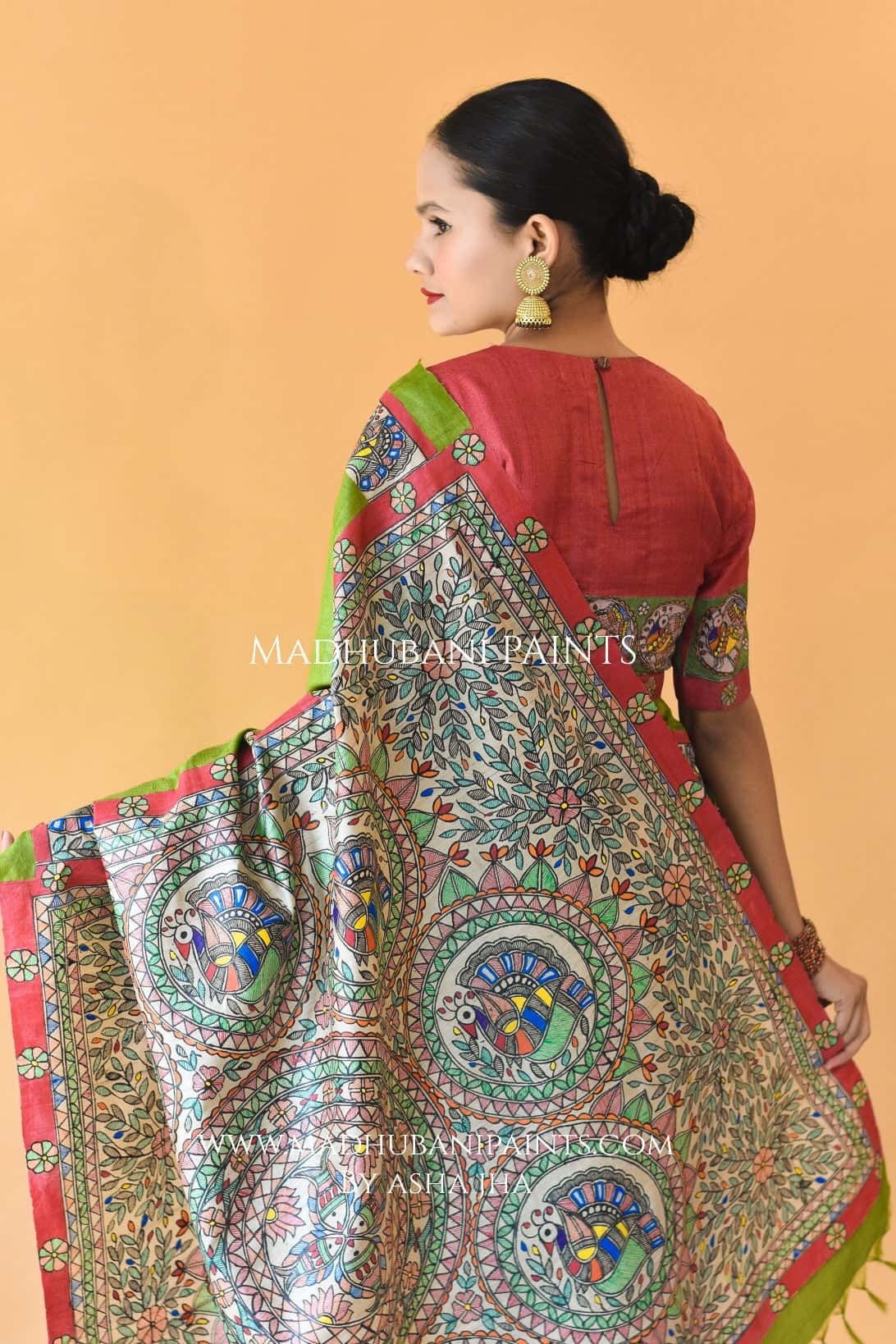 'HARI MORNI' Handpainted Madhubani Tussar Silk Saree Blouse Set — image 2 of 10
