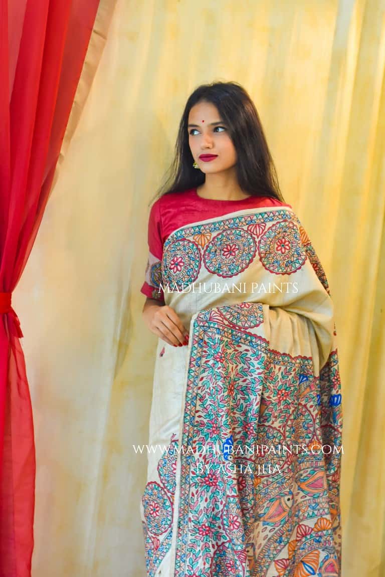 'MATSYA NRITYA'  Handpainted Madhubani Tussar Silk Saree — image 8 of 8