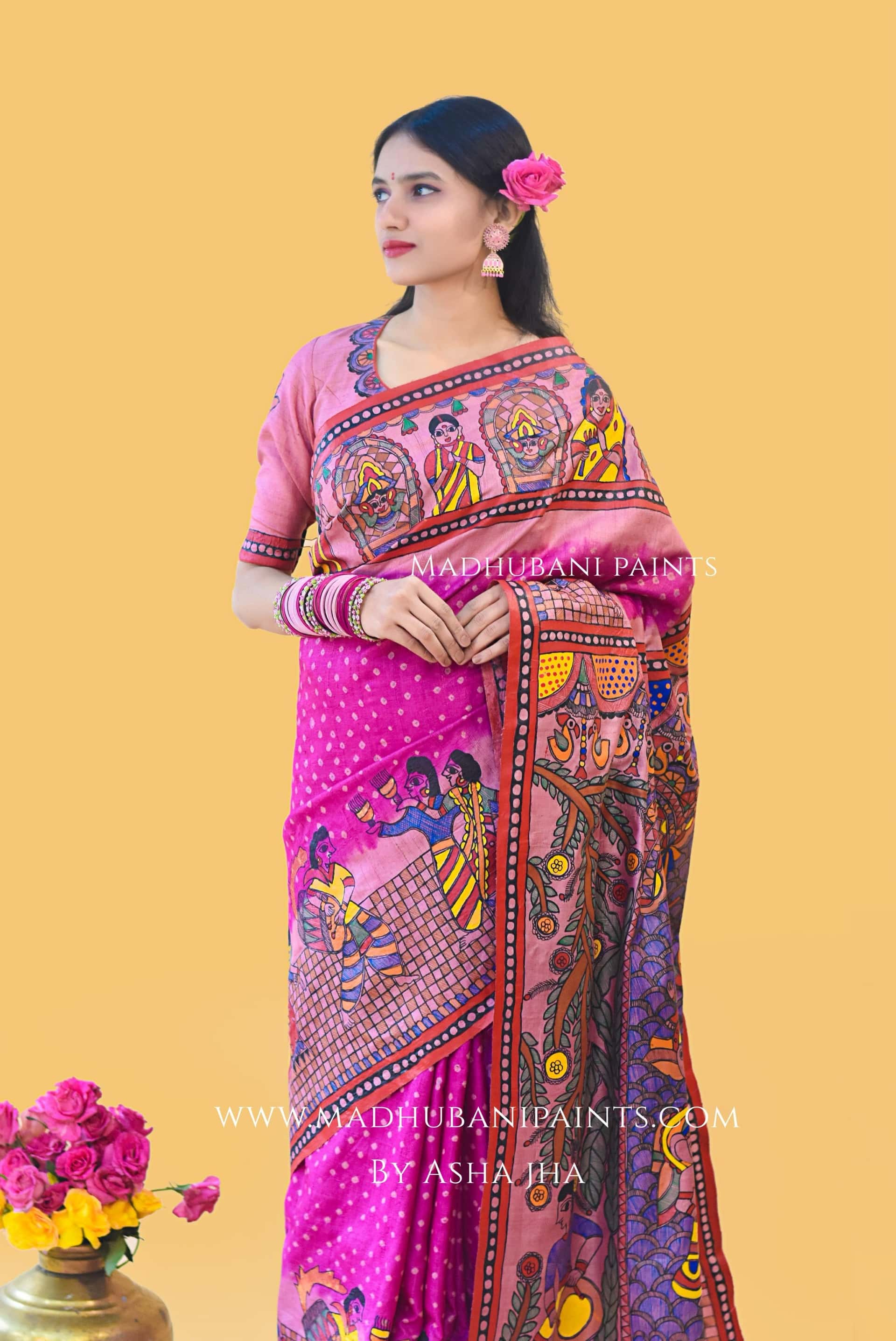 "GULABI DURGA" Handpainted Madhubani Bandhini Tussar Silk Saree Blouse set — image 8 of 9