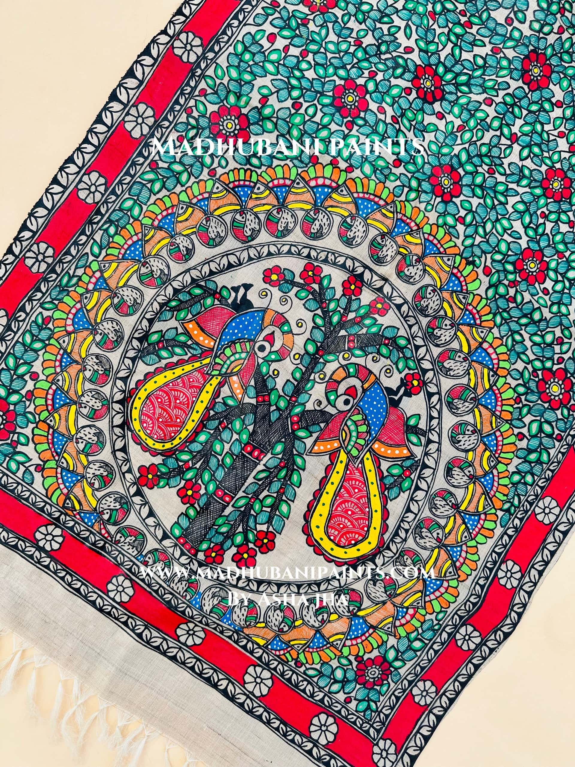 Madhubani Mayuri Full Tussar Silk Madhubani Hand-painted Stole — image 2 of 2
