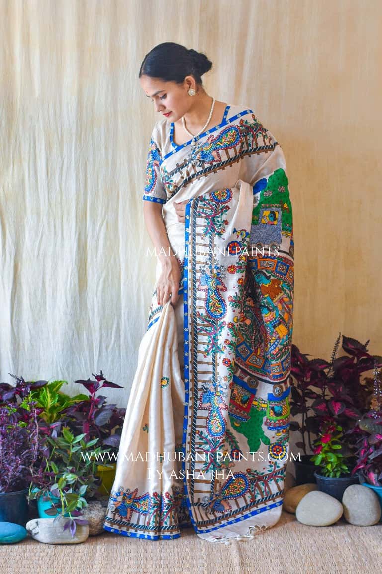 RAILGADI Handpainted Madhubani Painting Tussar Silk Saree — image 2 of 7