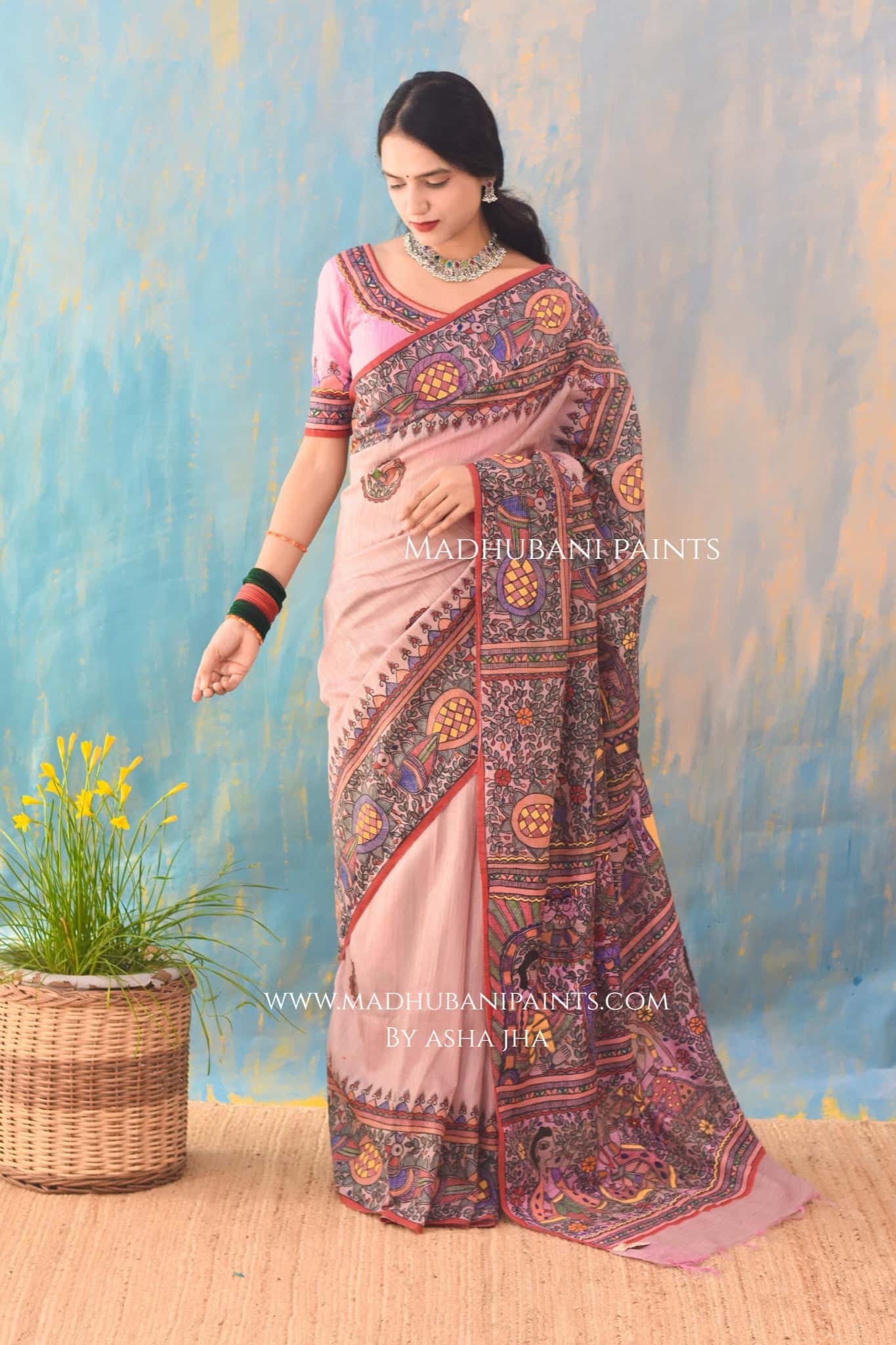 "Gulabi Ramayan" Hand-painted Madhubani Chanderi Saree — image 4 of 8
