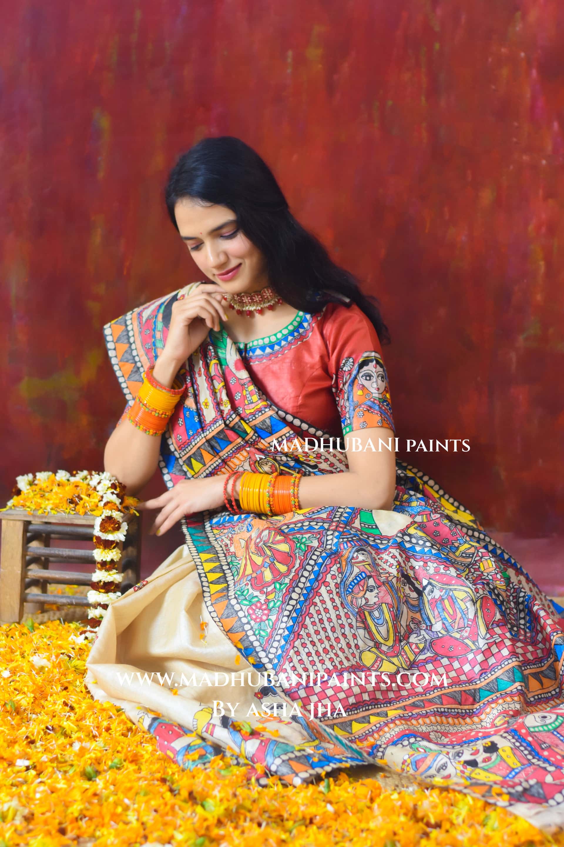 Bengali Vivah Hand-painted Madhubani Tussar Silk Saree Blouse Set