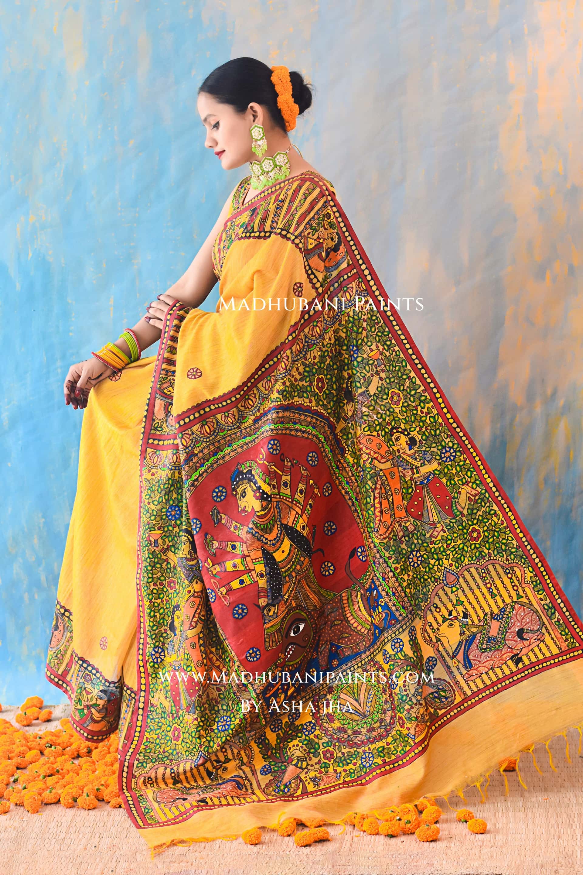 KAMESHWARI Madhubani Hand-painted Chanderi Silk Saree Blouse Set — image 6 of 11