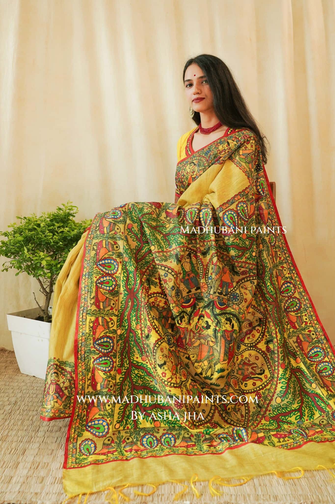 'VISHNU NARAYAN' Handpainted Madhubani Chanderi Saree Blouse Set — image 2 of 7