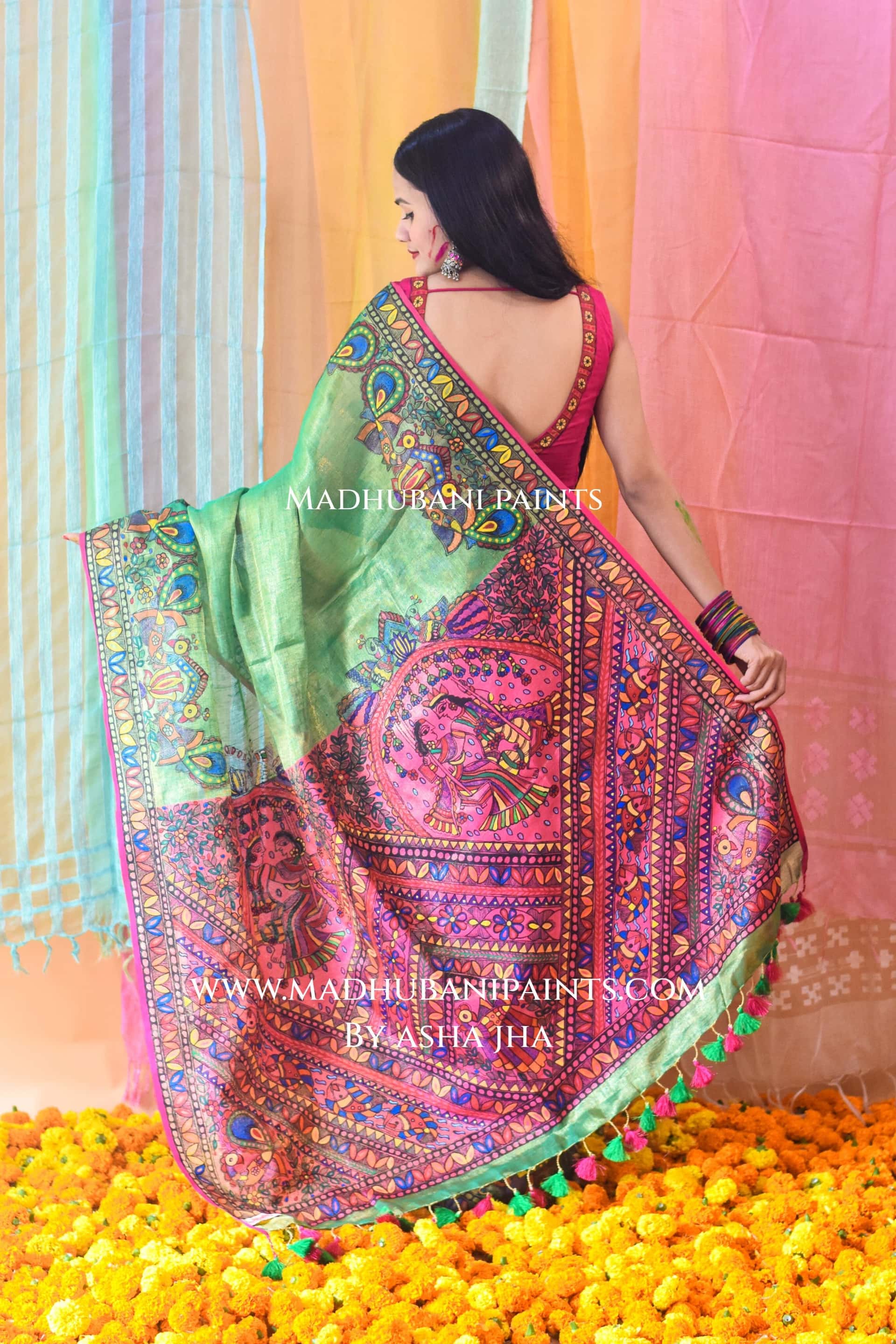 GULAL Hand-painted Madhubani Tissue Linen Saree Blouse Set — image 2 of 11