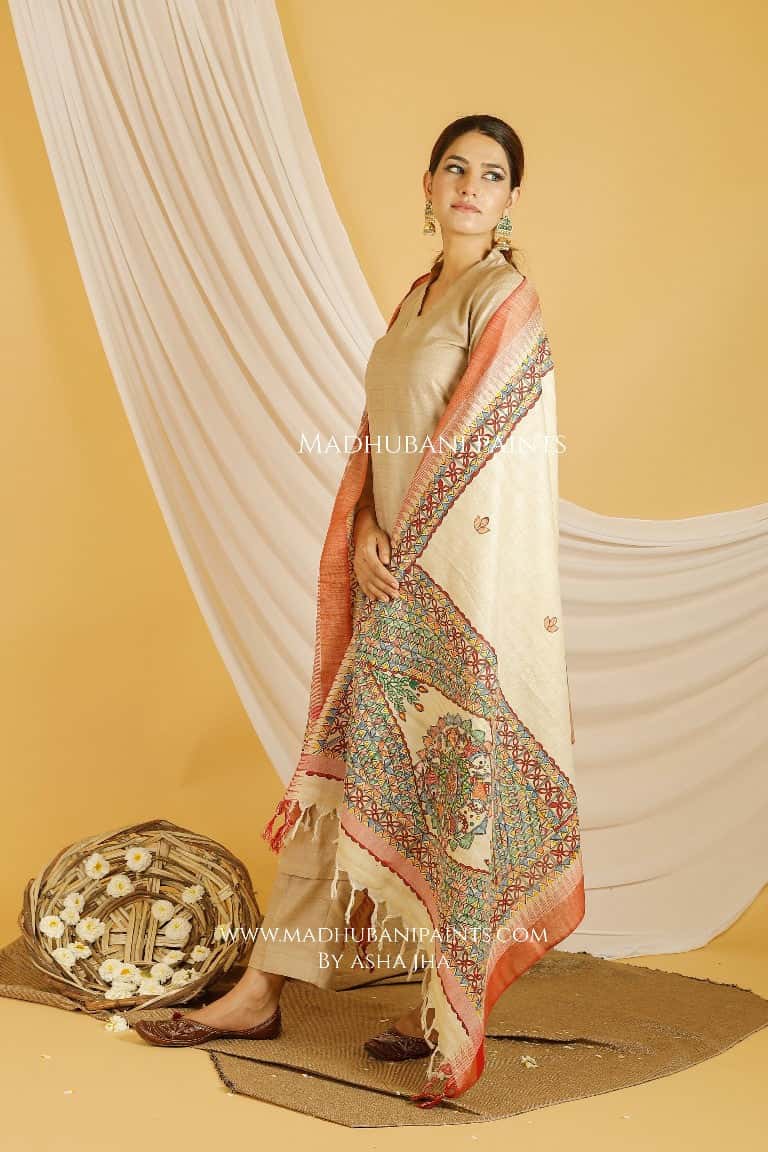 Mithila Border Madhubani Handpainted Pure Handloom Cotton Dupatta — image 5 of 5